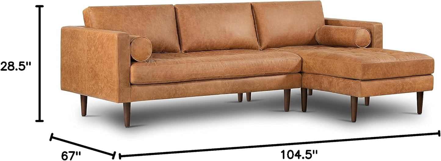 Poly & Bark Napa Leather Couch - Right Facing Sectional Sofa with 2 Bolsters - Full-Grain Leather Sofa for Living Room with Feather-Down Topper - Corner Couch - Vintage Italian Leather in Cognac Tan