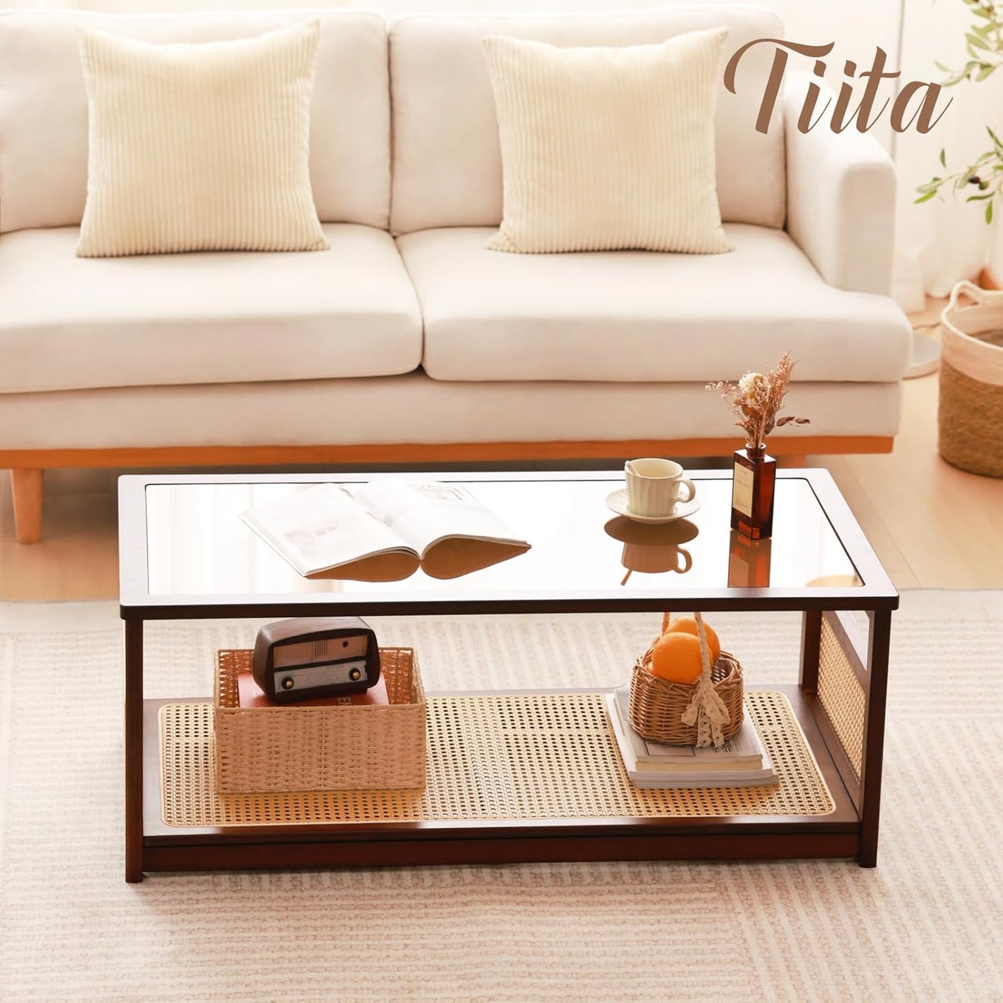 Tiita Coffee Tables for Living Room,Mid Century Modern Storage 2-Tier Coffee Tables,Rattan Glass RectangleTables,Suitable for Living Room Apartment,Brown