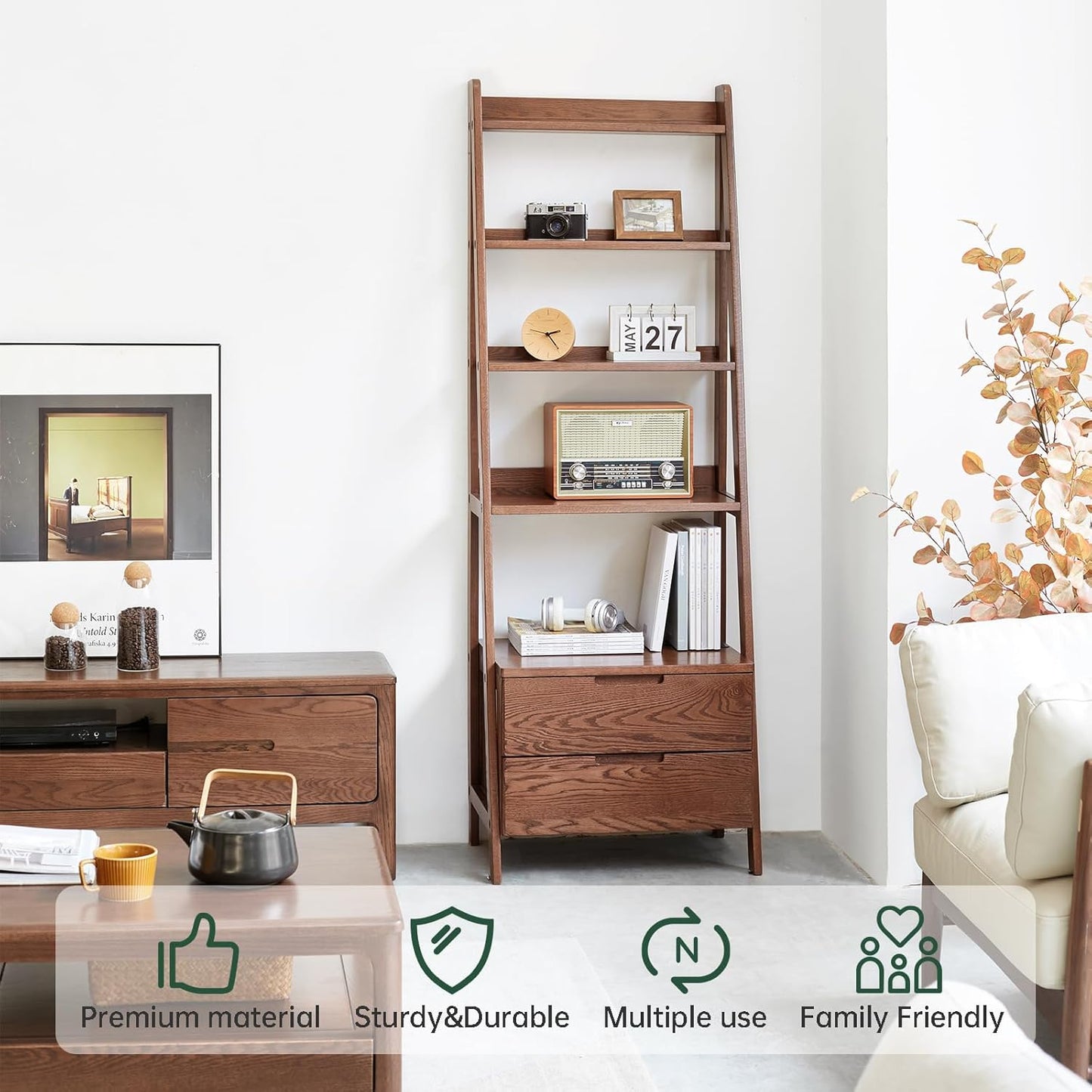 100% Solid Wood 5 Tier Ladder Shelf, Narrow Ladder Bookshelf with Drawers, 63.78" Tall Wood Bookcase Storage Rack Organizer, Freestanding Storage Shelve for Living Room Bedroom