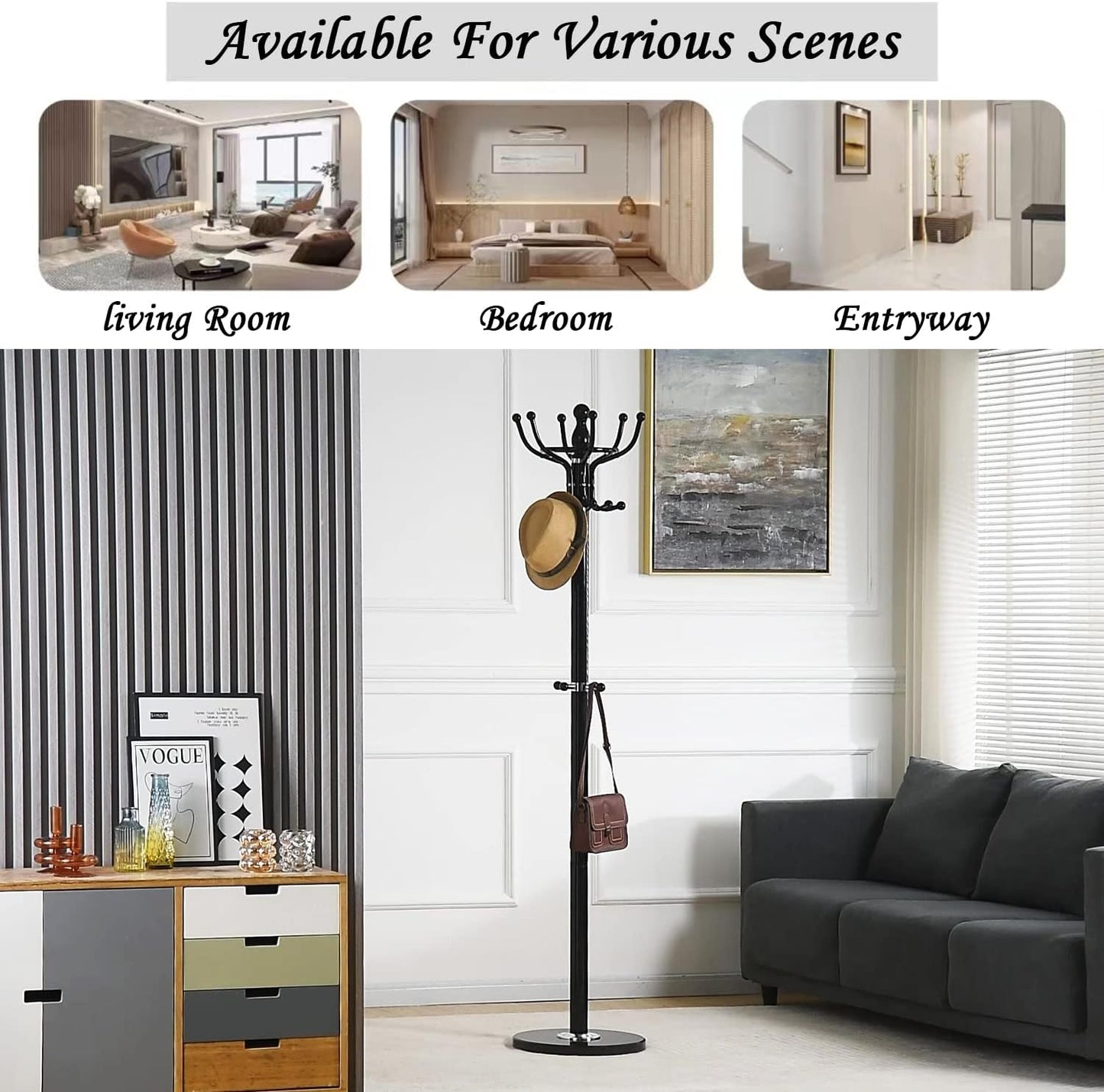 Kertnic Freestanding Coat Rack with 16 Hooks & Marble Base - Heavy Duty Metal Hall Tree Stand for Entryway, Hats, Coats, Bags Rack- Modern Hanger Organizer for Home, Office, Dorm (16 hooks -Black)