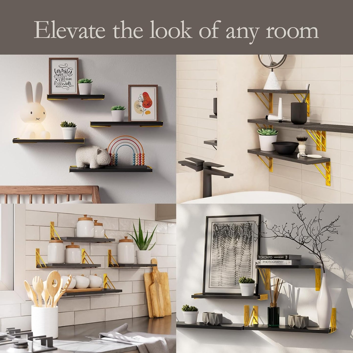 BAYKA Floating Shelves for Bedroom Decor, Wall Shelves for Storage, Wall Mounted Rustic Wood Floating Shelf for Books,Corner Shelf for Bathroom,Kitchen,Living Room(Black and Gold,Set of 4)