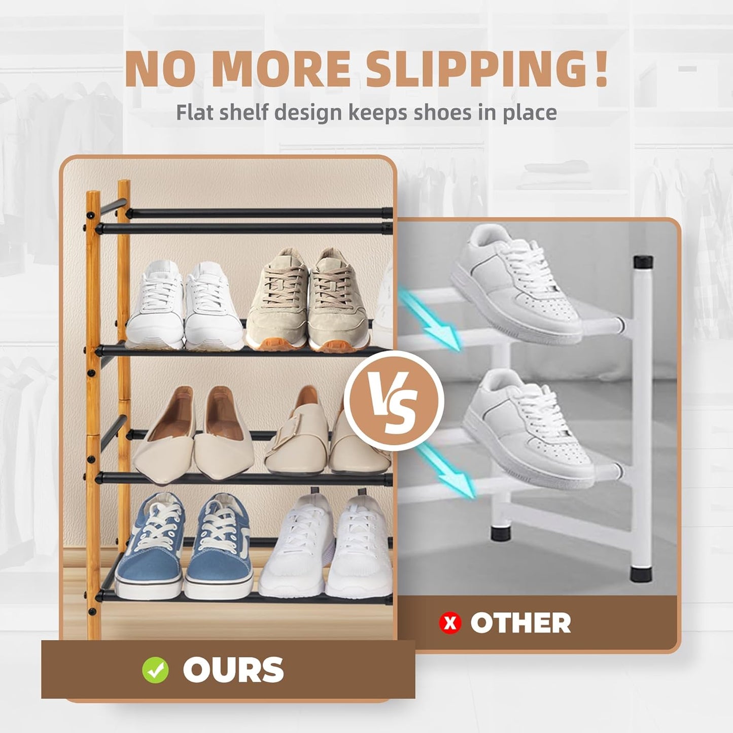 STORAGE MANIAC Expandable Shoe Rack, 12 Pairs Stackable Small Shoe Rack, Metal Adjustable Shoes Organizer for Closet, Entryway, Hallway, Garage, Front Door, Shoes Shelves, Bamboo 3 Tier