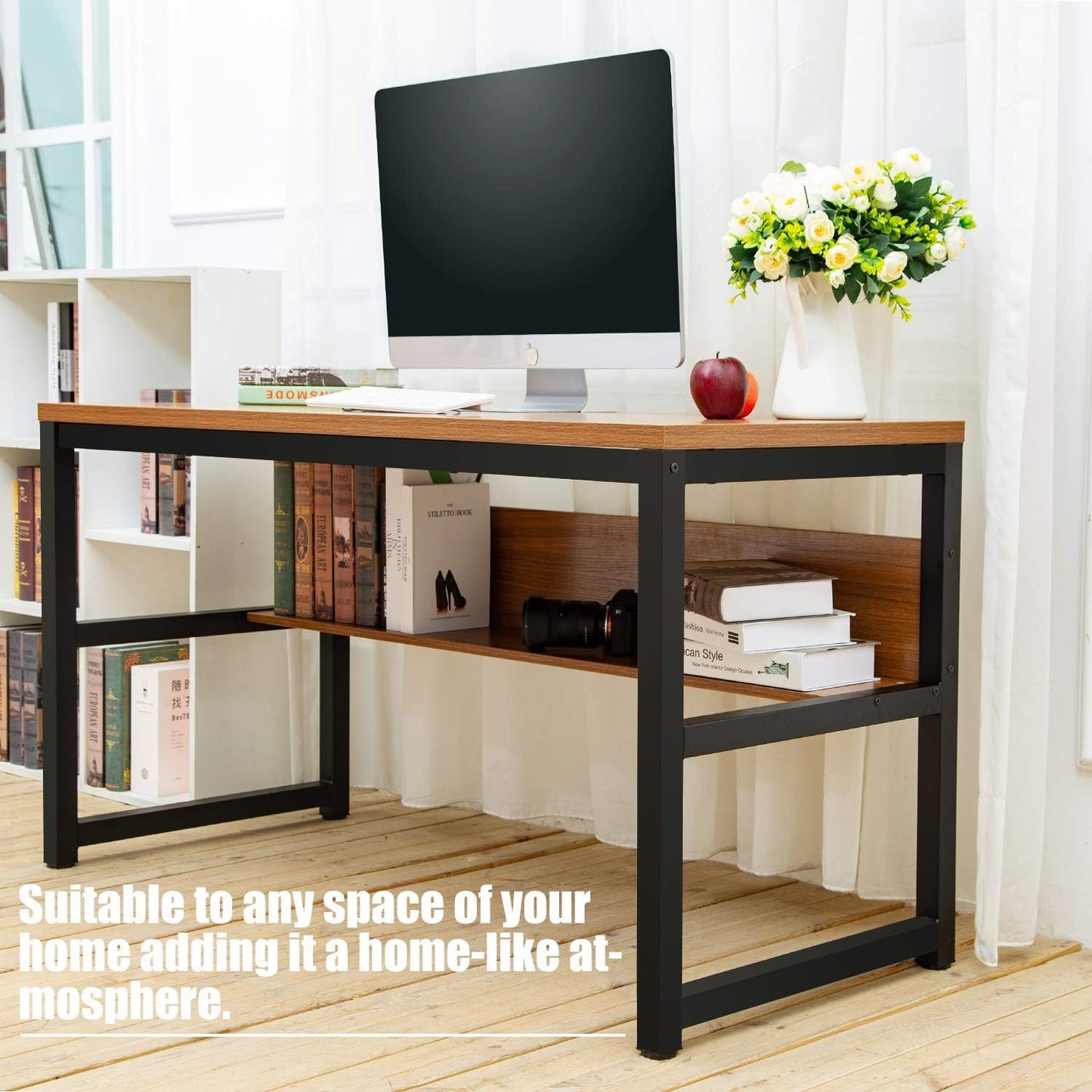 TOPSKY Computer Desk with Bookshelf/Metal Hole Cable Cover 1.18" Thick Desk (55", Oak Brown)
