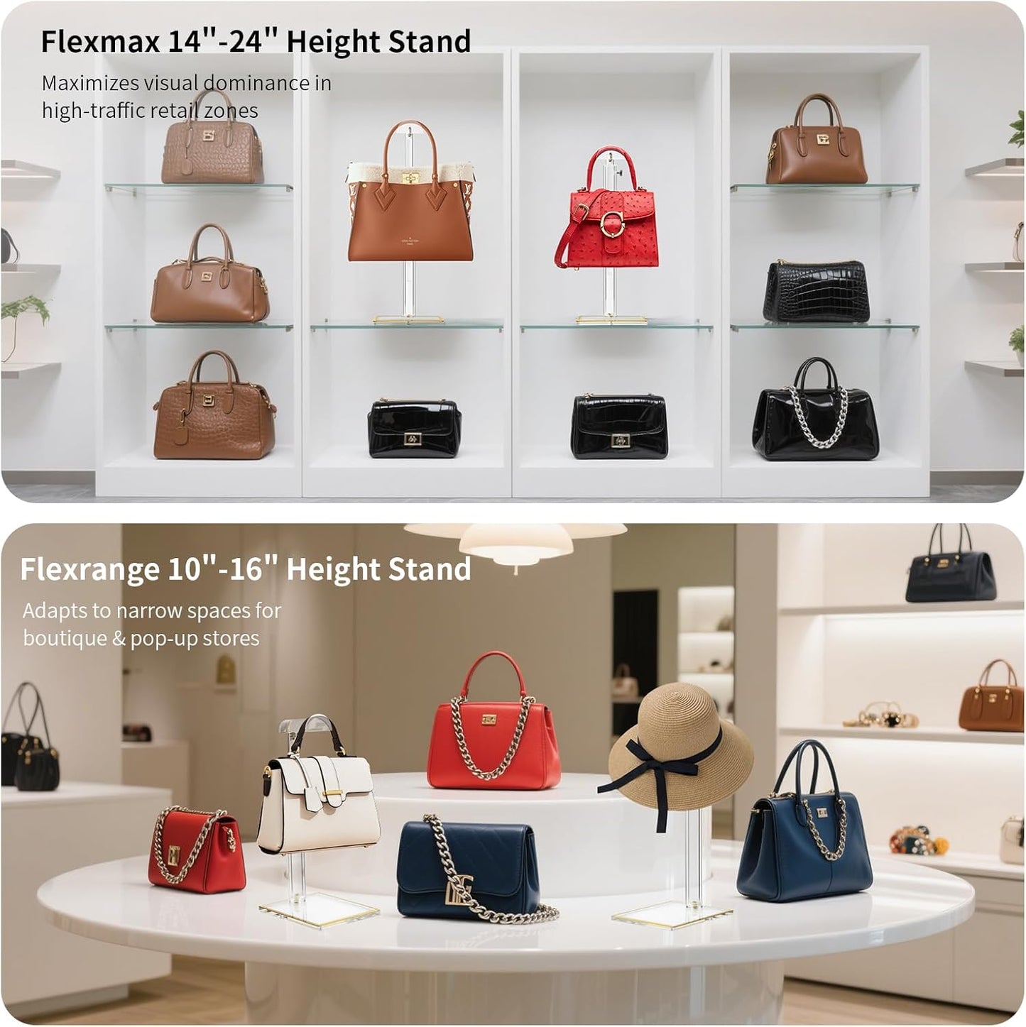 2Pcs Adjustable Purse Display Stands, Height 10"-16"+14"-24", Acrylic Handbag Stands for Display, Clear Holder for Purse Evening Bag Clutch, Bag Table Rack, Purses Hanging Organizer for Closet Retail Vendor