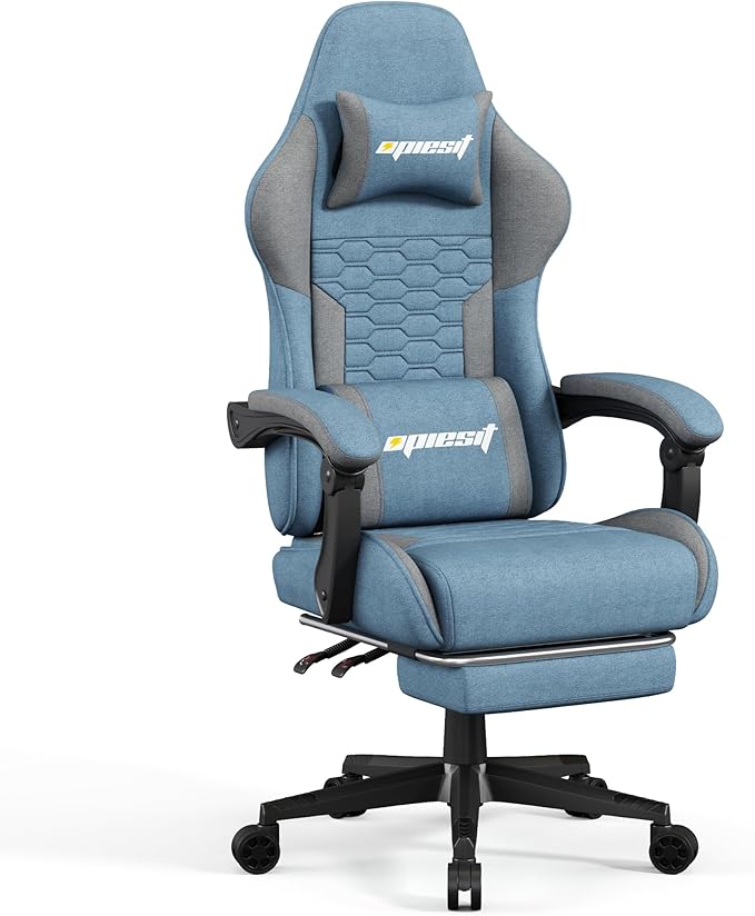 Gaming Chair, Fabric Computer Chairs with Lumbar Support and Massager, Ergonomic Office Chair with Footrest & Pocket Spring Cushion, Bearing 400 LBS(Blue)