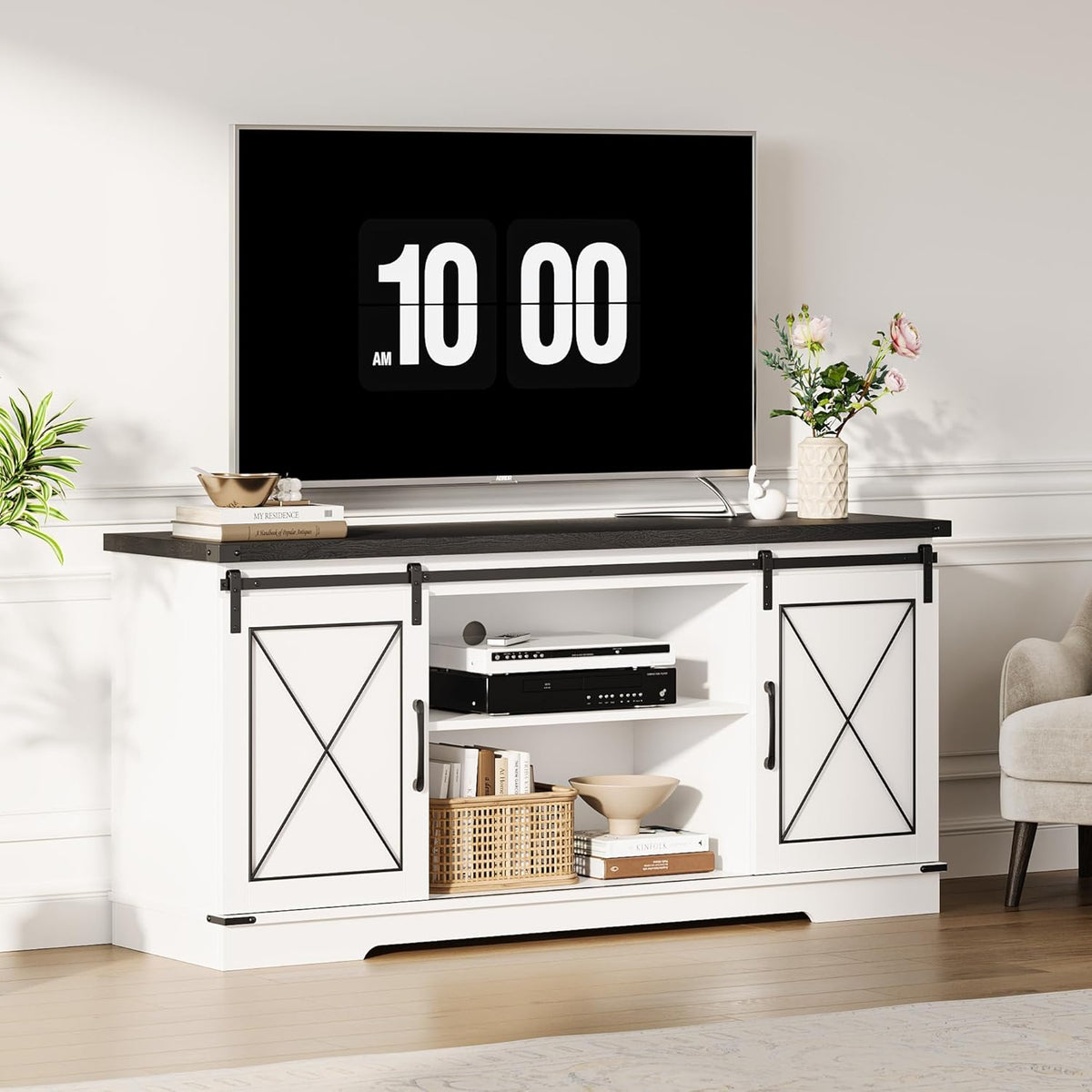 IDEALHOUSE Farmhouse TV Stand and Entertainment Center for Tv up to 65 inches with Sliding Barn Doors and Adjustable Shelf, Tv Media Console Table with Storage Cabinet for Living Room, White & Black