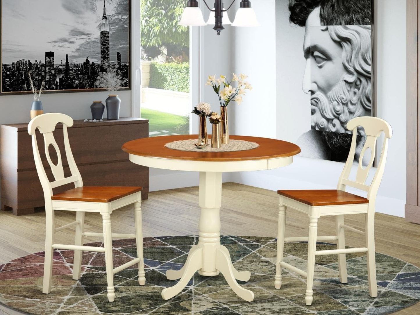 East West Furniture JAKE3-WHI-W 3 Piece Counter Height Dining Set for Small Spaces Contains a Round Wooden Table with Pedestal and 2 Kitchen Chairs, 36x36 Inch, Buttermilk & Cherry