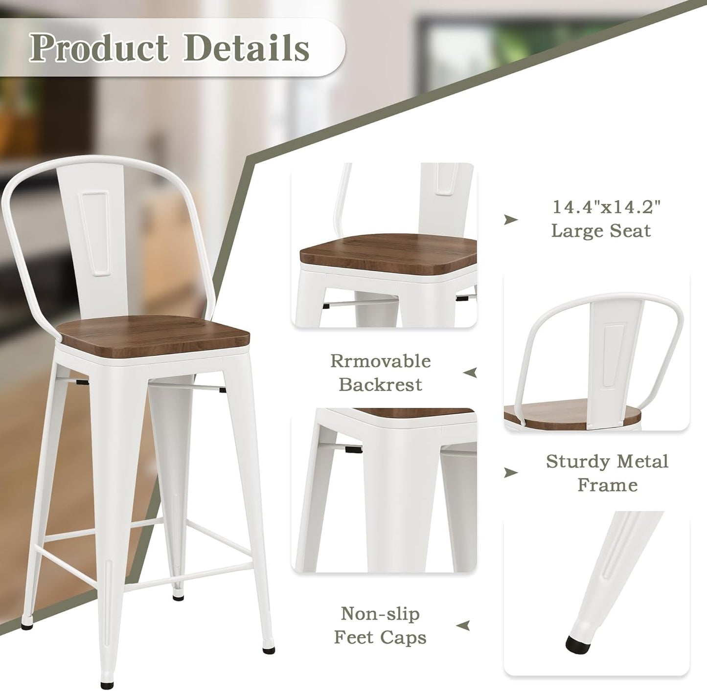 Yongqiang 26 inch Metal Bar Stools Set of 4 Farmhouse Kitchen Island Counter Height Bar Chairs High Back Barstools with Large Wooden Seat Cream White