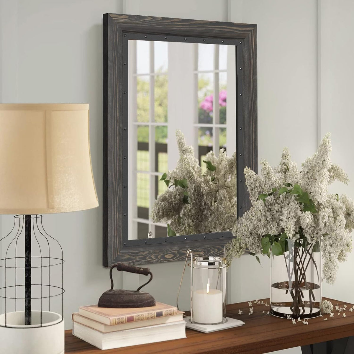 YOSHOOT Rustic Wooden Framed Wall Mirror, 32x24 Inch, Natural Wood and Iron Bathroom Vanity Mirror for Farmhouse Decor, Vertical or Horizontal Hanging