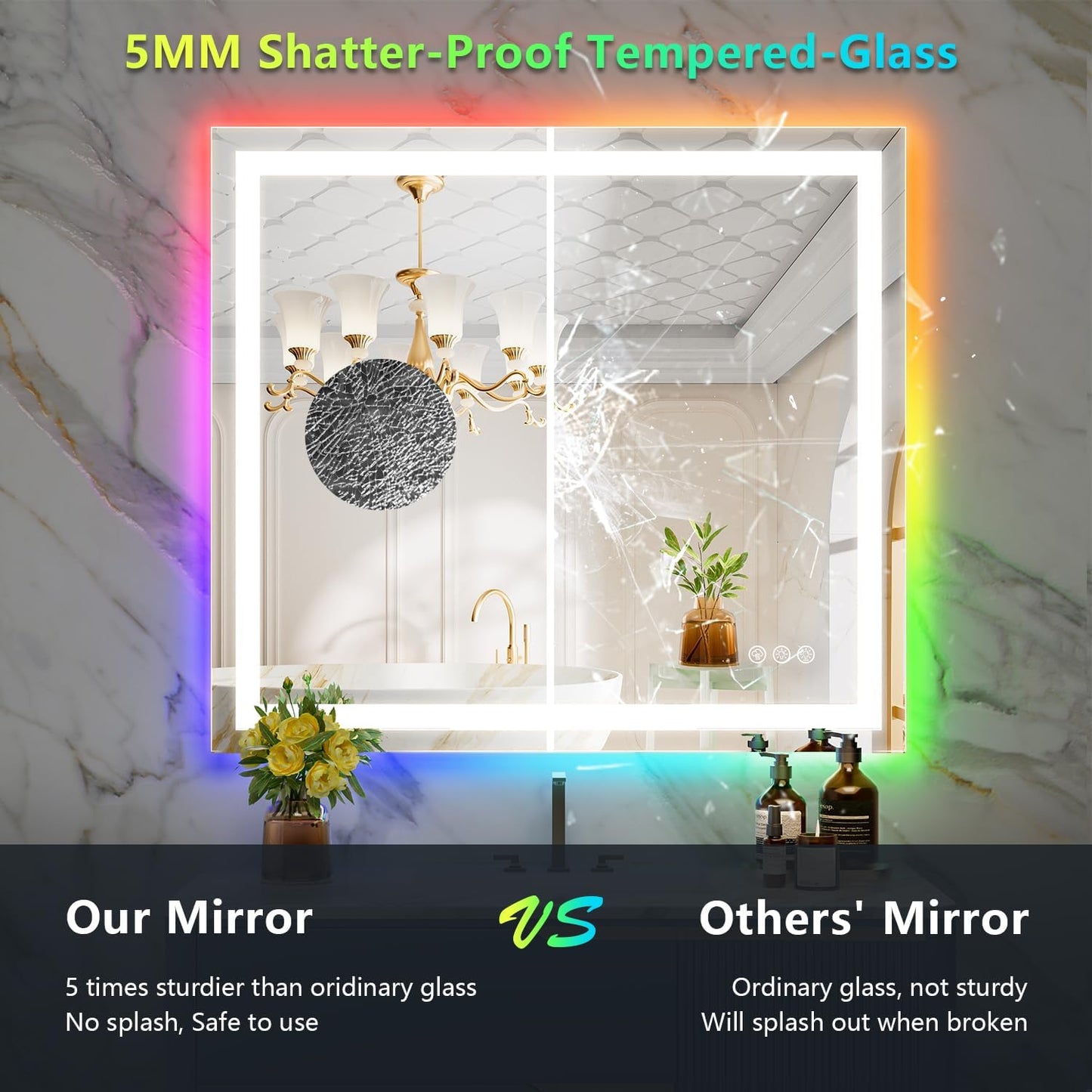 40x36 Inch RGB LED Bathroom Mirror Front Light and RGB Backlit Lighted Vanity Mirror for Bathroom Wall Mounted Dimmable Anti Fog Memory Shatter-Proof IP54 Waterproof Horizontal/Vertical