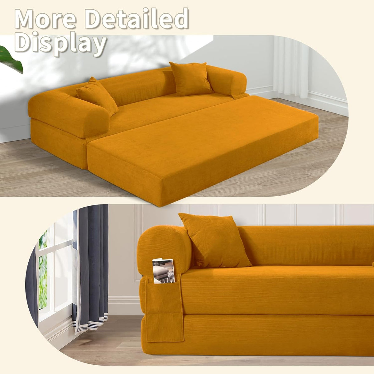80" Convertible Sofa Bed, Corduroy Deep Seat Folding Pull Out Couch with Pillows, No Assembly Modern Boneless Couch Compression Sofa in Box, Floor Sofa with Storage Pocket for Living Room,Yellow