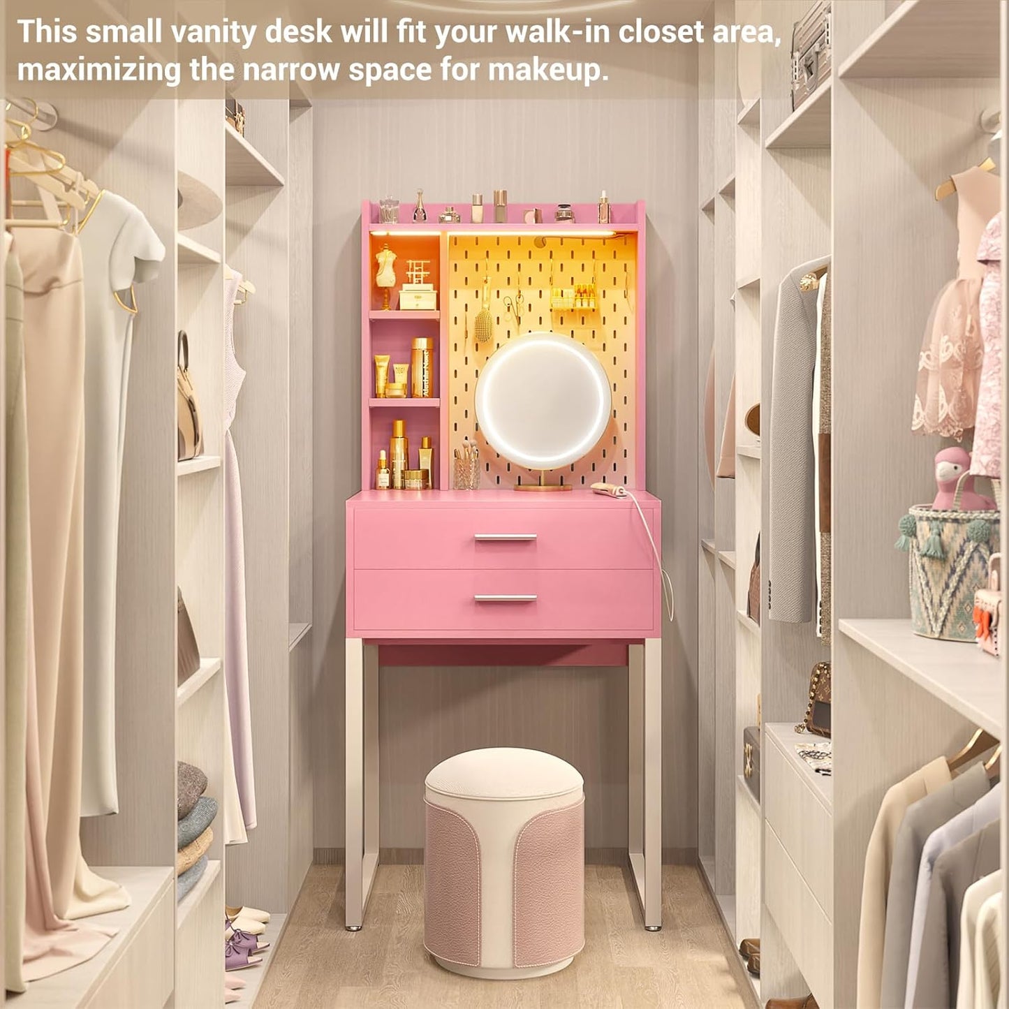 Small Vanity Desk with Hutch and Drawers, Pink Makeup Vanity Desk with Outlets, Vanity Table Dressing Table with LED Lights, Vanity Desks No Mirror with Pegboard for Girls Women, 24"