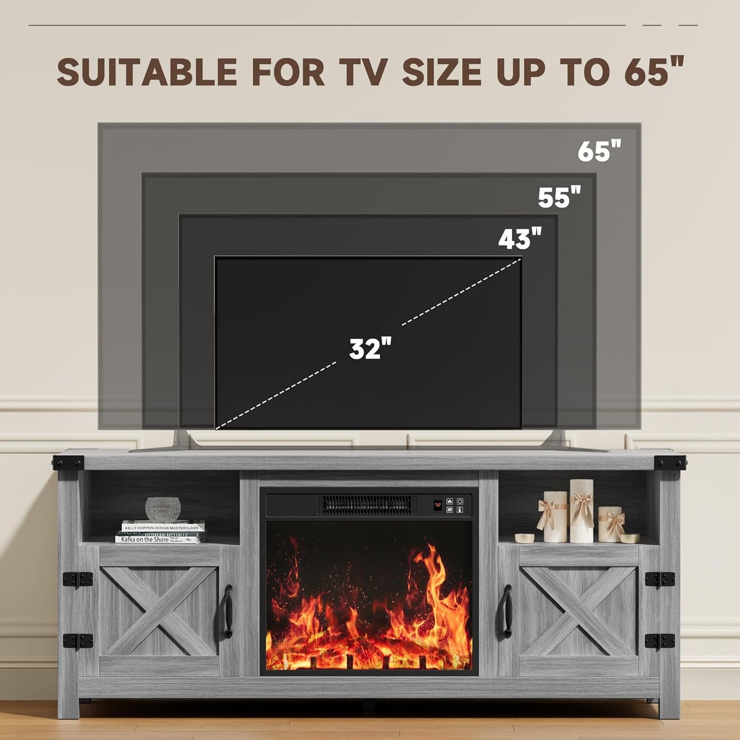 YESHOMY Fireplace TV Stand with Barn Doors and Open Display Shelf, Farmhouse Media Console with Hidden Cable Routing, Entertainment Center for Televisions up to 65+ Inch, Gray Wash