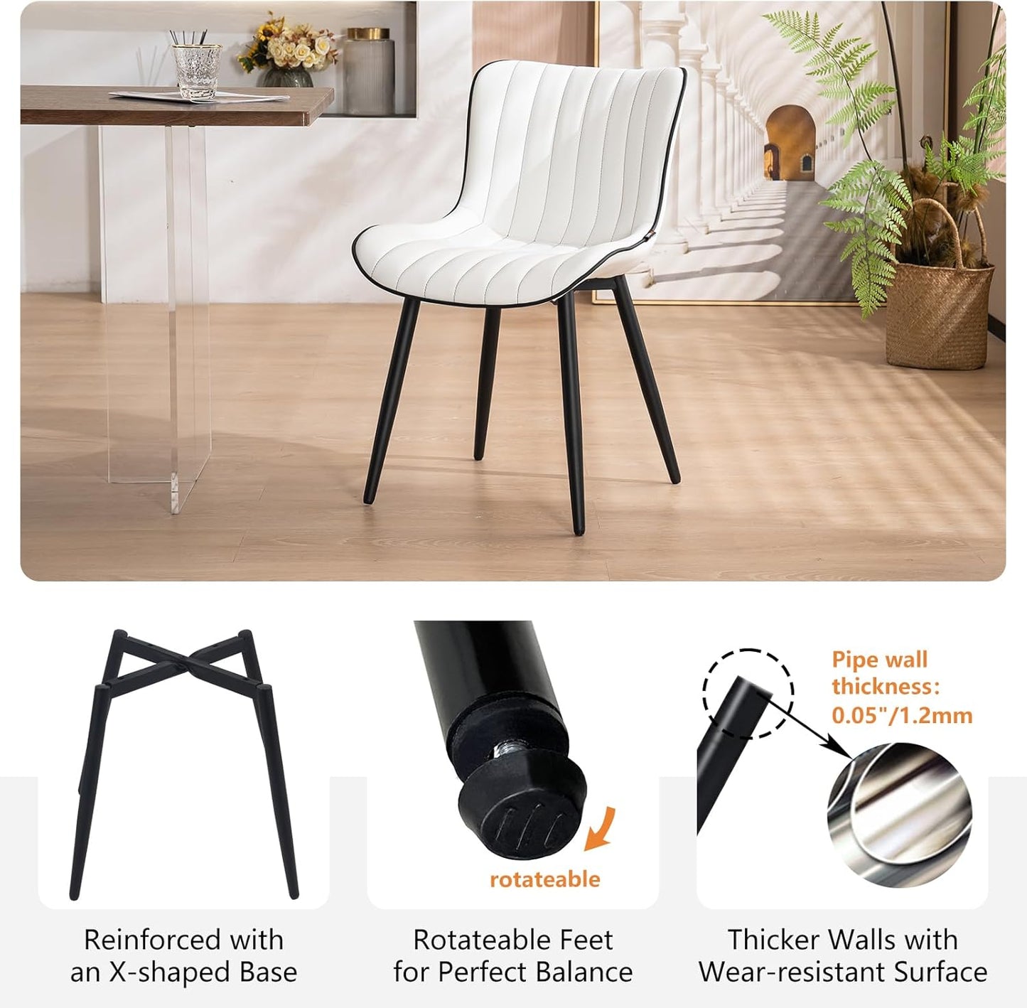 YOUNUOKE Mid-Century Modern Dining Chairs Set of 2, White PU Leather Upholstered Kitchen Chairs with Black Metal Legs, Armless Accent Chair for Dining Room, Guest Reception Room