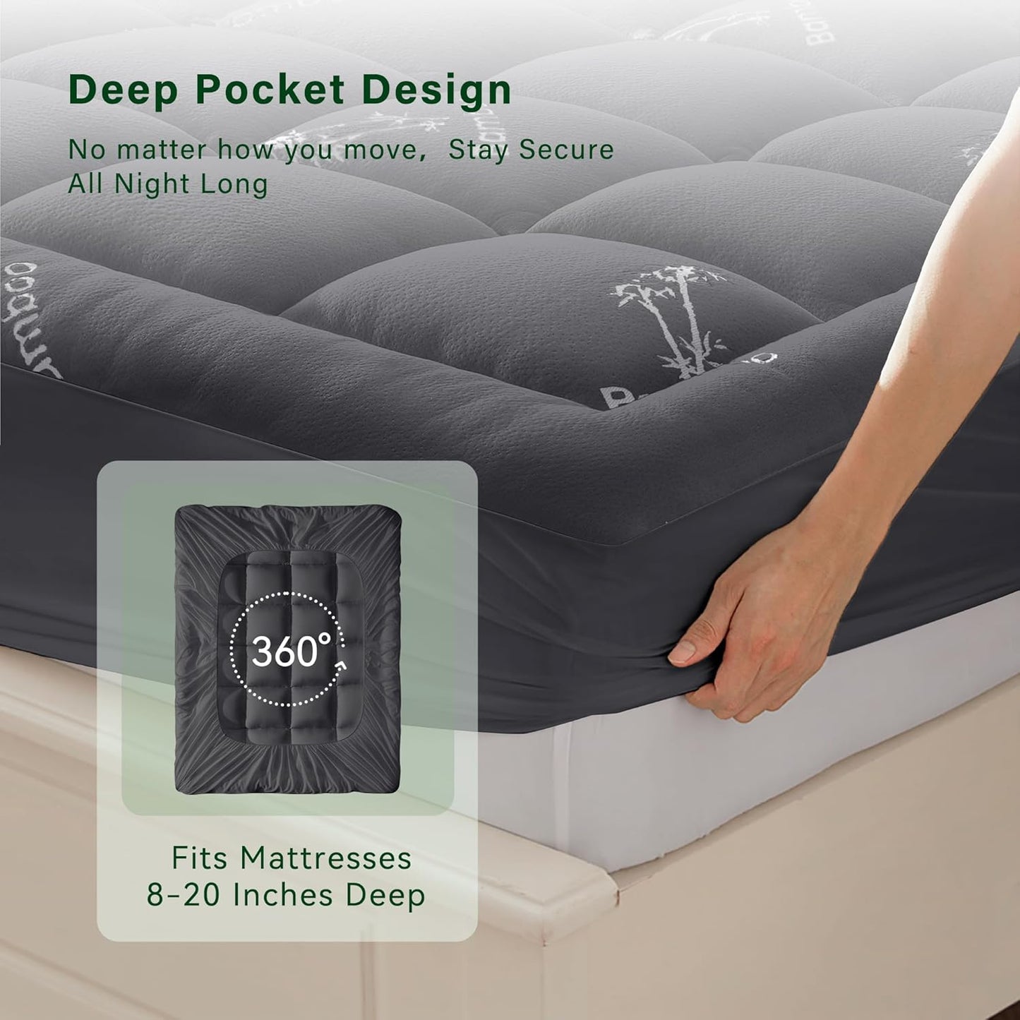 Anluoer Memory Foam Mattress Topper King for Back Pain, Rayon Derived from Bamboo Pillow Top Mattress Topper for Hot Sleepers,Cooling Mattress Pad with 8-21" Deep Pocket, 78x80 Inches, Dark Grey