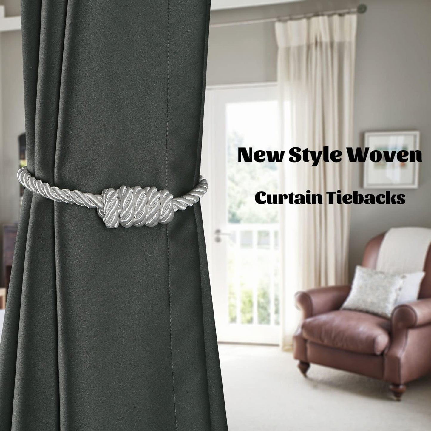 BEL AVENIR Magnetic Curtain Tiebacks, Decorative Drapery Holdbacks Modern Woven Tie-Backs with Exquisite Knot (White, 4 Pack)