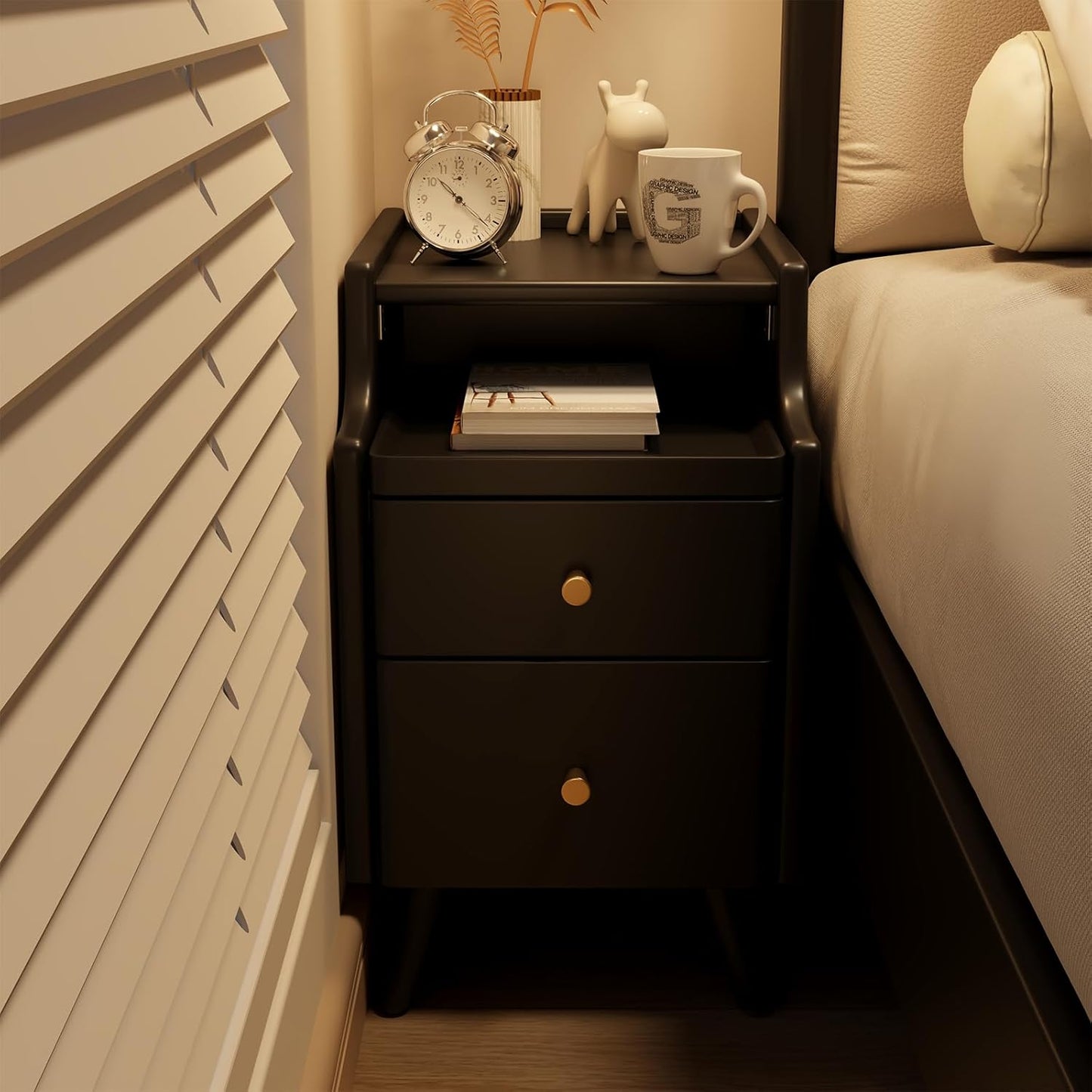 Wood Nightstand, Black Nightstand with 2 Drawers, Bedside Table for Bedroom