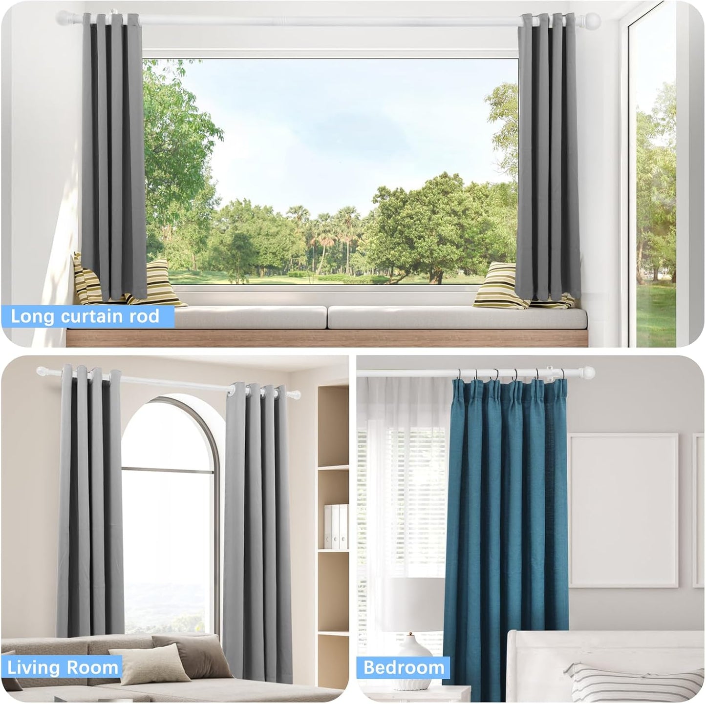 Curtain Rods for Windows 16 to 76 Inches, Curtain Rod Max Adjustable Length of 88 IN, 6/8" Diameter Drapery Rods Round Finials, White, Pack of 2