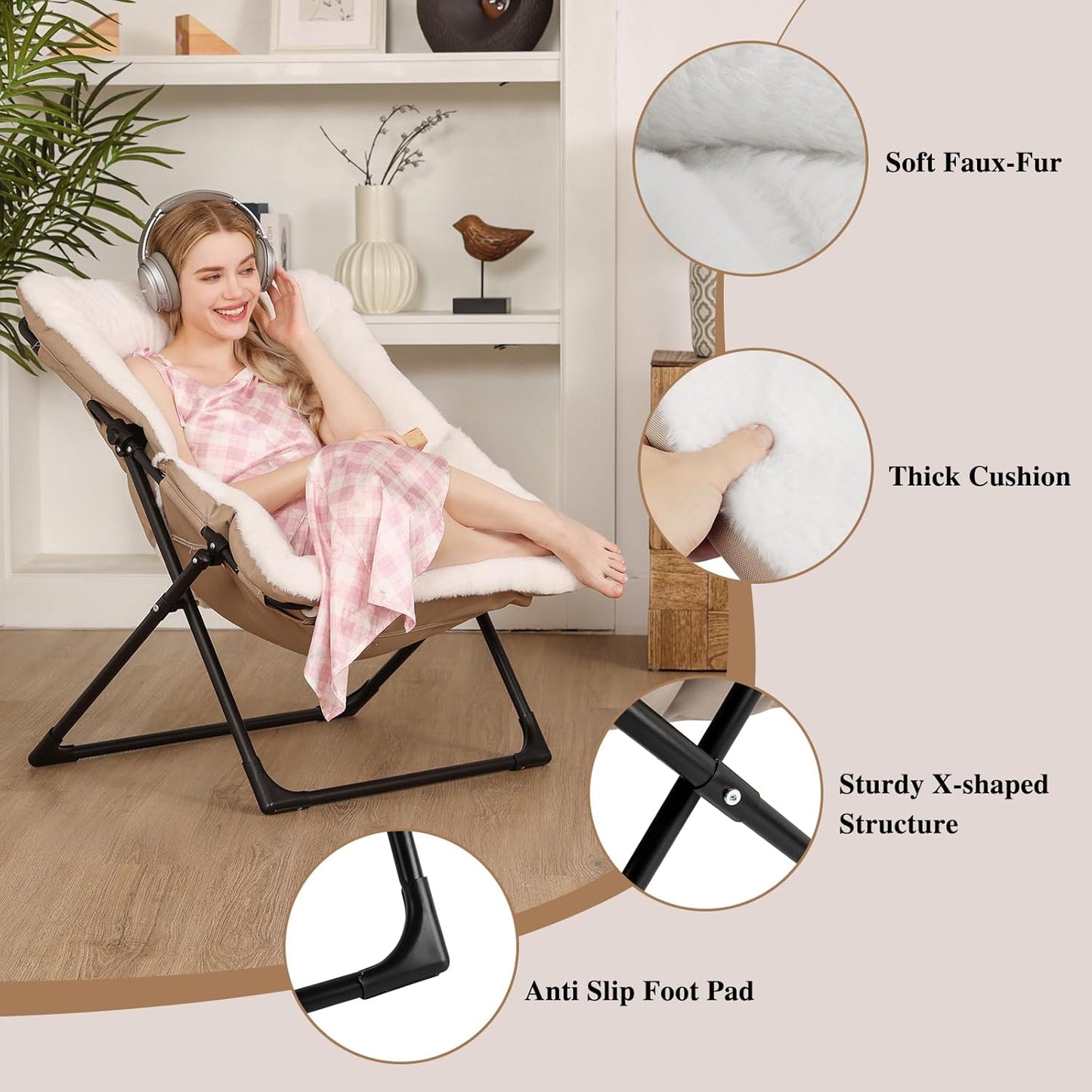 Comfy Saucer Chair for Adults, Soft Faux Fur Bedroom Chair with Ottoman, Accent Dorm Chairs, Living Room Reading Chairs and Footstool, Folding Lounge Seat for Teens, X-Large, White