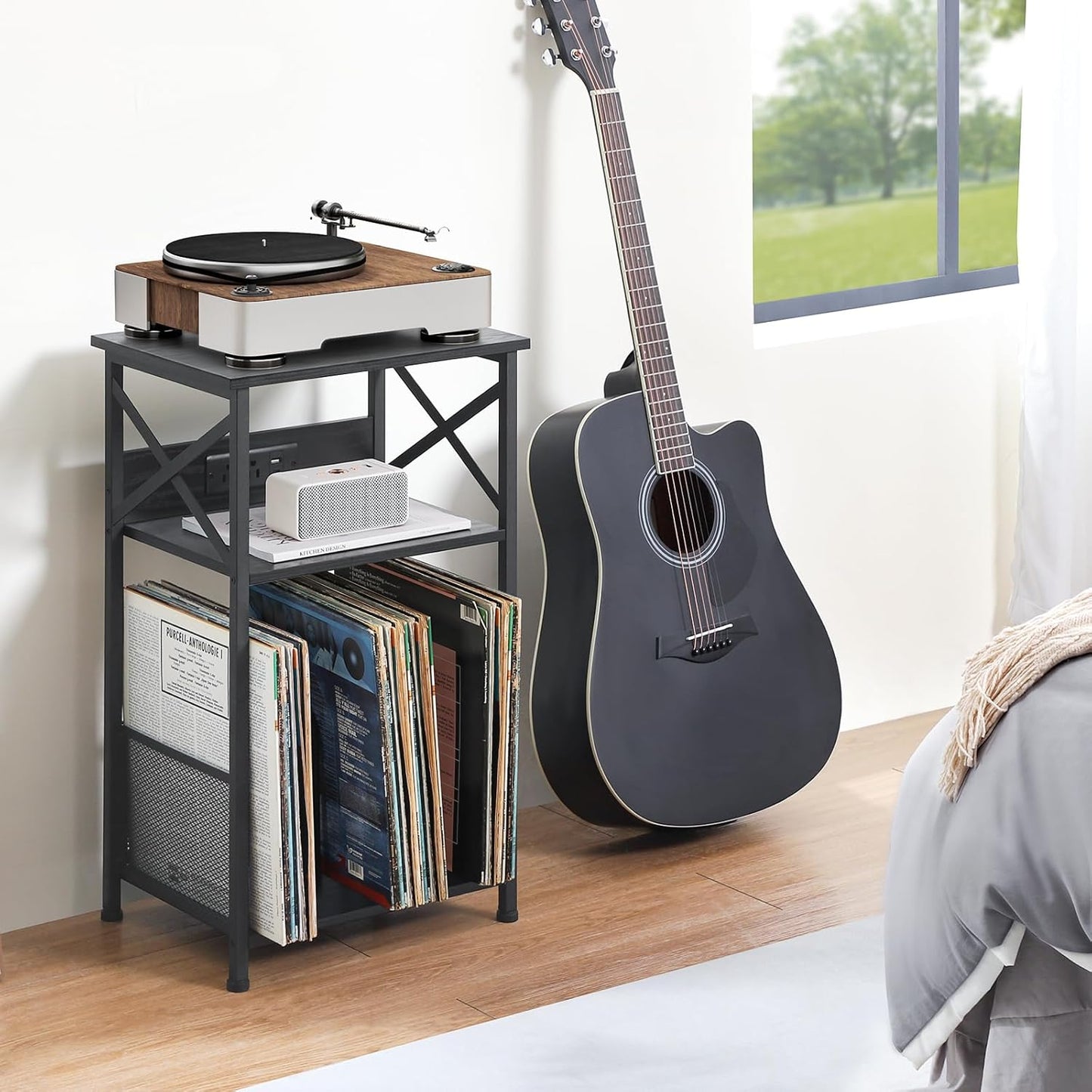 AMHANCIBLE Record Player Stand with Charging Station, Turntable Stand with Storage Cabinet, 3 Tier End Table Hold Up to 100 Albums, Record Stand for Vinyl, Living Room, Black, HETCD01BK-1