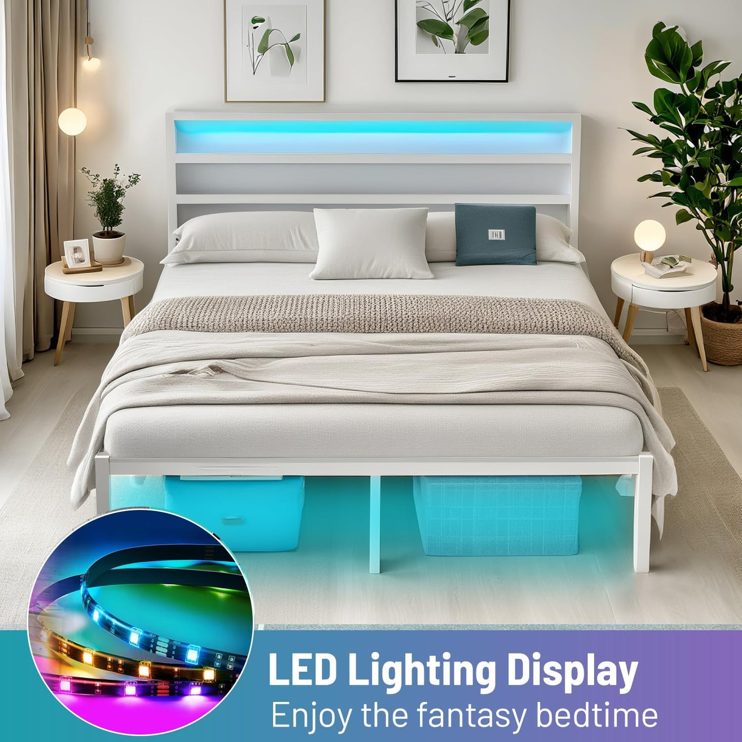 Queen Bed Frame with Headboard,Heavy Duty Steel Slats Support-LED Bed Frame with USB Charging Station,Mattress Foundation-Under Bed Storage,No Box Spring Needed,Noise Free,White