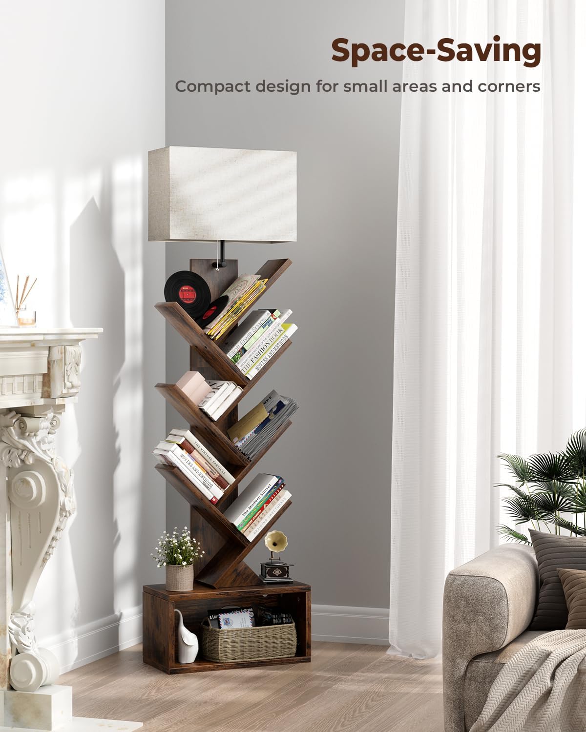 6 Tier Tree Bookshelf with Smart Light, Small Bookcase Tower with Remote Control, Tall Floor Standing Book Organizer for Living Room, Bedroom & Home Office, Rustic Brown