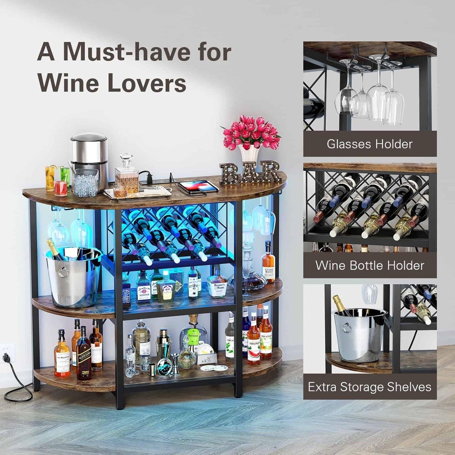 Zarler Bar Cart with Power Outlet Easy to Assemble, LED Home Bar Cabinet for Liquor, 47.3" L x 15.8" D x 36" H Metal Mini Bar Table with 4-Tier Storage, Brown