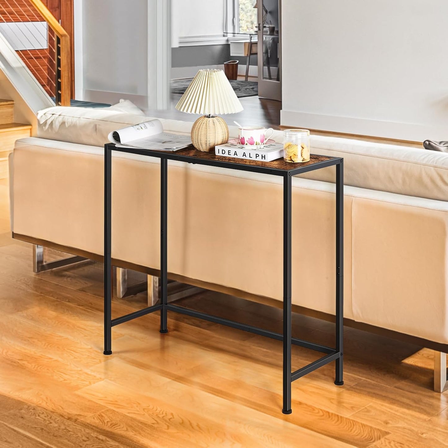 Small Entryway Console Table - Industrial Narrow Behind Couch Sofa Table, Skinny Entrance for Hallway, Wood Thin for Living Room, Foyer, Corridor (Brown)