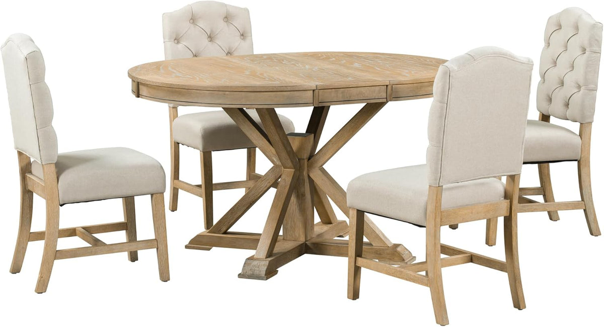 SogesPower 5-Piece Round Farmhouse Retro Dining Table Set for 4, Space-Saving Kitchen Table Set with Extendable Table and 4 Upholstered Chairs for Dining Room Living Room,Natural Wood