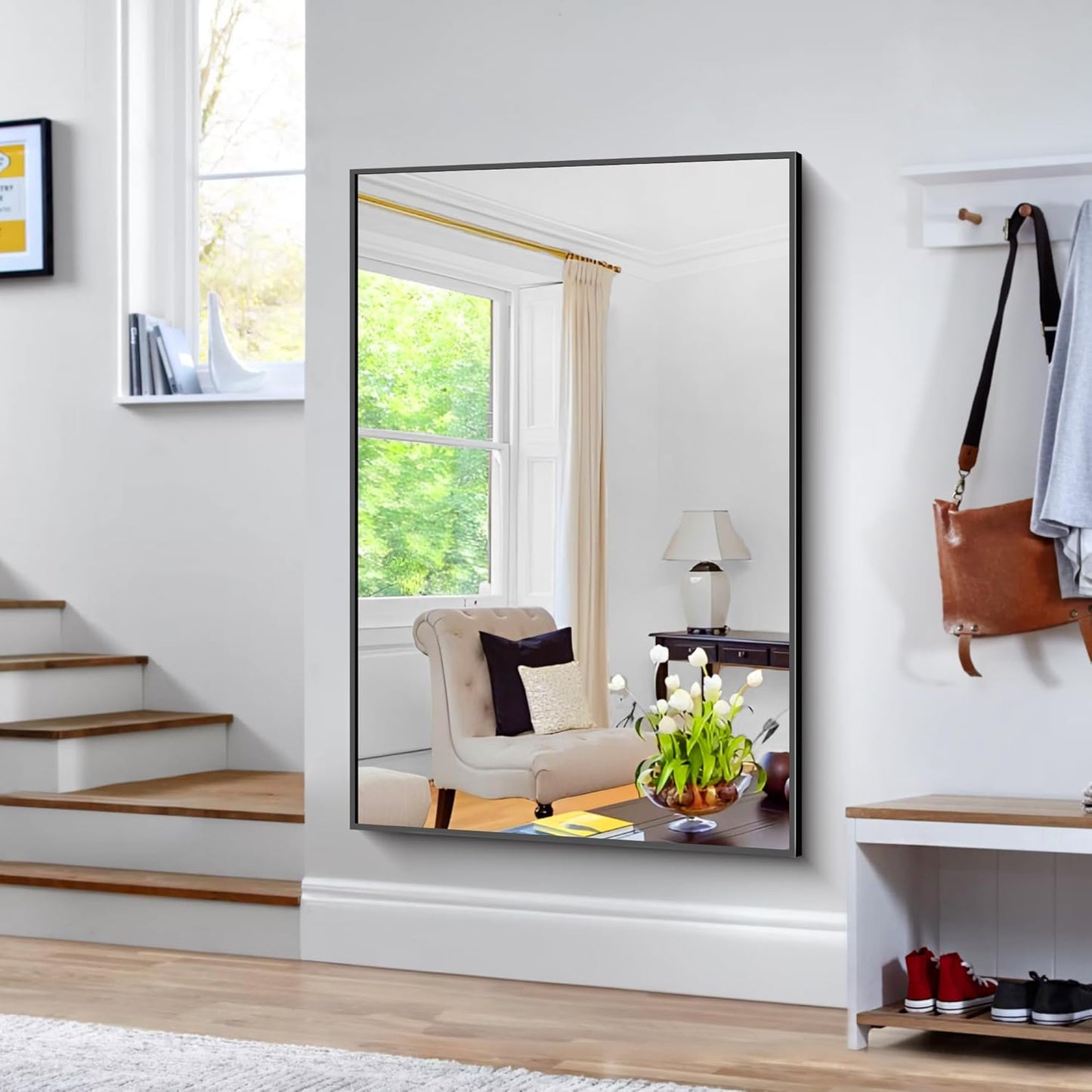 BONEWEI Bathroom Mirror,60x40 inch Bathroom Mirrors for Over Sink,Large Wall Mirror for Bathroom Wall Mounted Rectangle Mirrors,Black Vanity Mirror for Living Room,Bedroom Entryway,Horizontal/Vertical