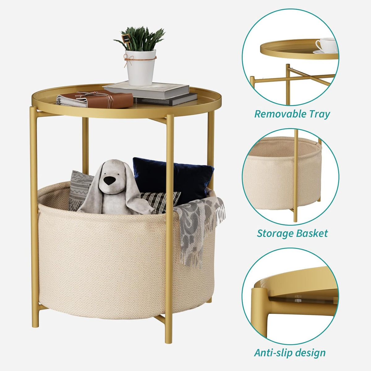 2 Tier Modern Side Table, Round End Table Living Room with Fabric Basket, Small Metal Bedside Nightstand with Removable Tray for Living Room, Bedroom, Office, Gold