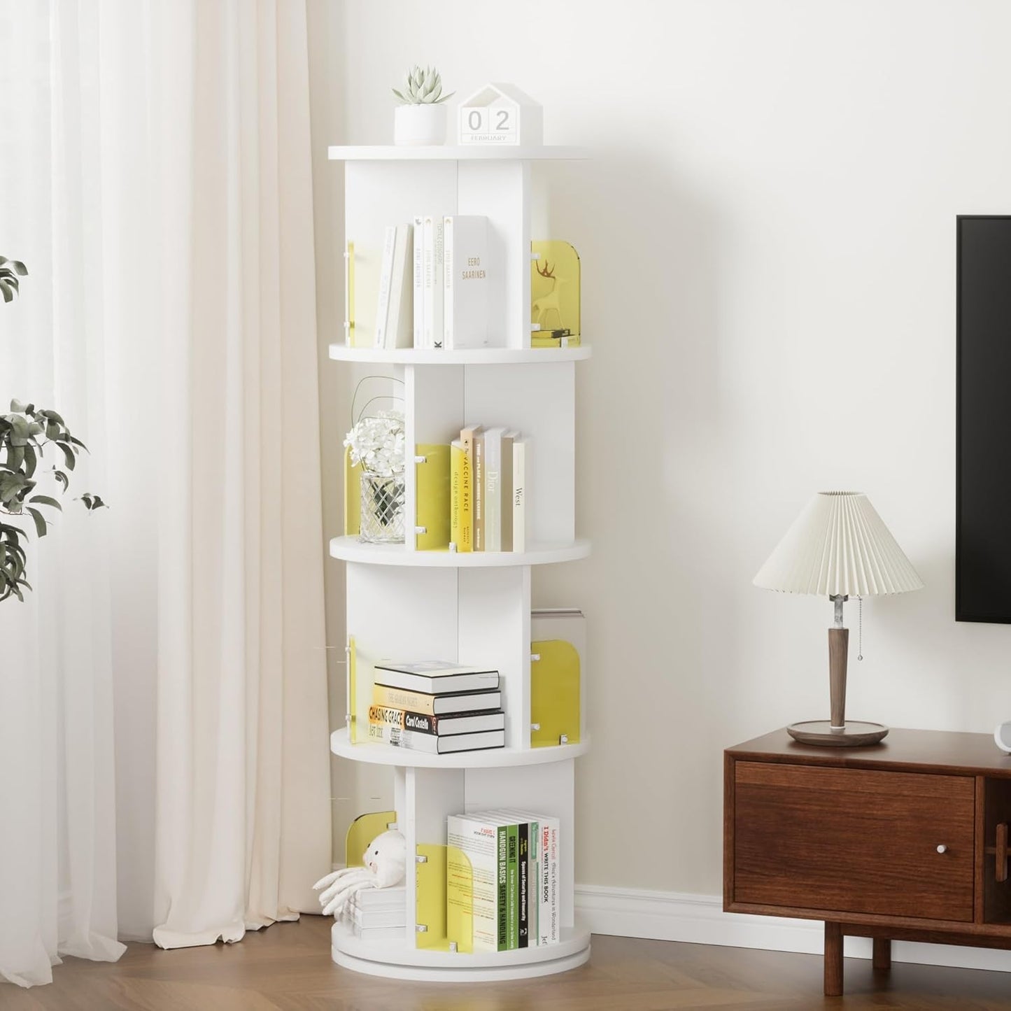 VECELO 4-Tier Rotating Bookshelf, Small Corner Bookshelf for Small Space, 360 Display Floor Standing Bookcase Storage Rack, Wood Narrow Book Shelf Organizer for Bedroom, Living Room, White