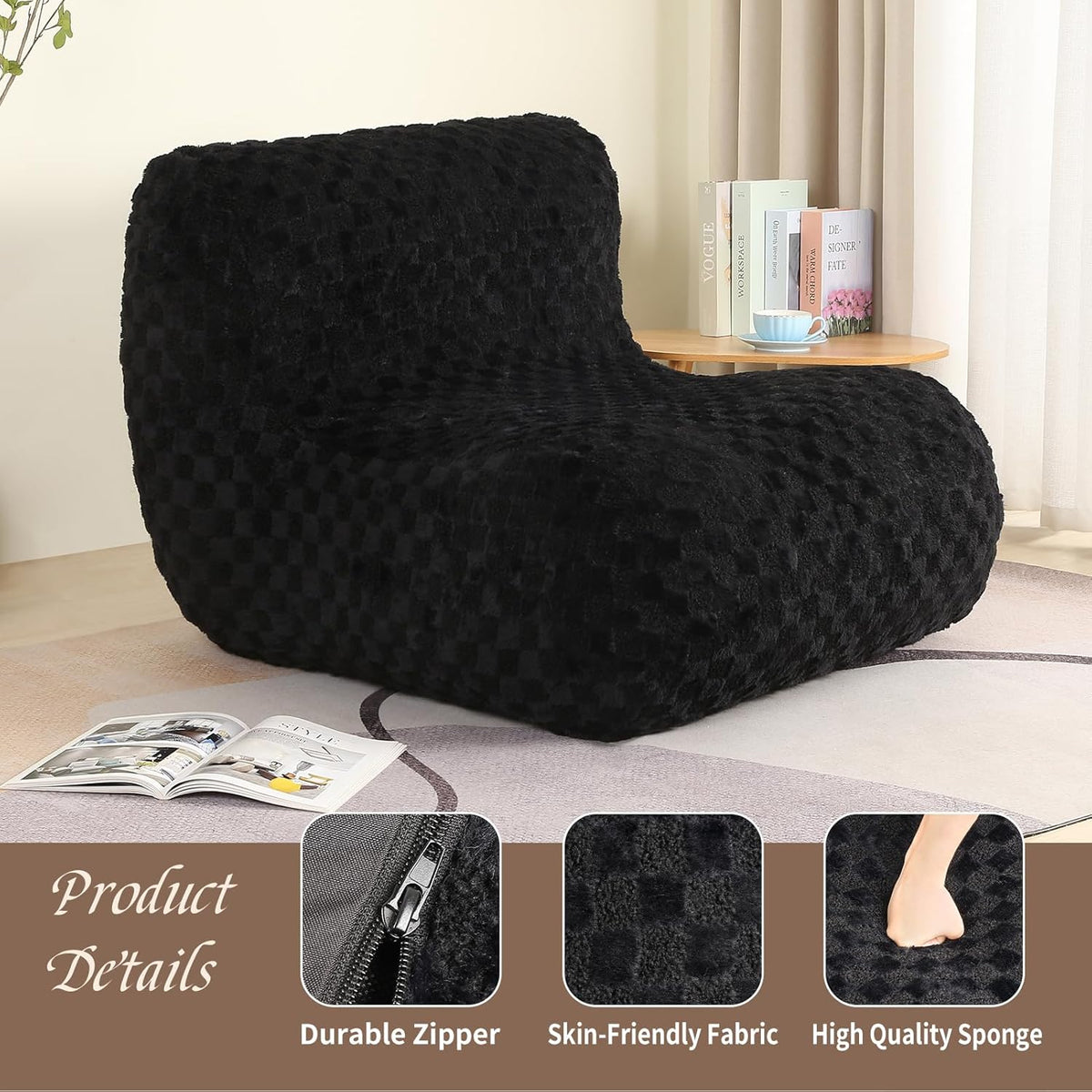 Bean Bag Chairs for Adults, Comfy Floor Sofa with Memory Foam, Giant Bean Bag Couch for Living Room Bedroom Dorm Office, Black