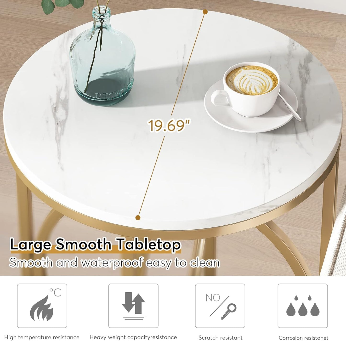 LITTLE TREE 20” Round End Table,Modern Sofa Side Table with Gold O-Shaped Base, Faux Marble White Cocktail Table Accent Table Nightstand for Living Room Bedroom