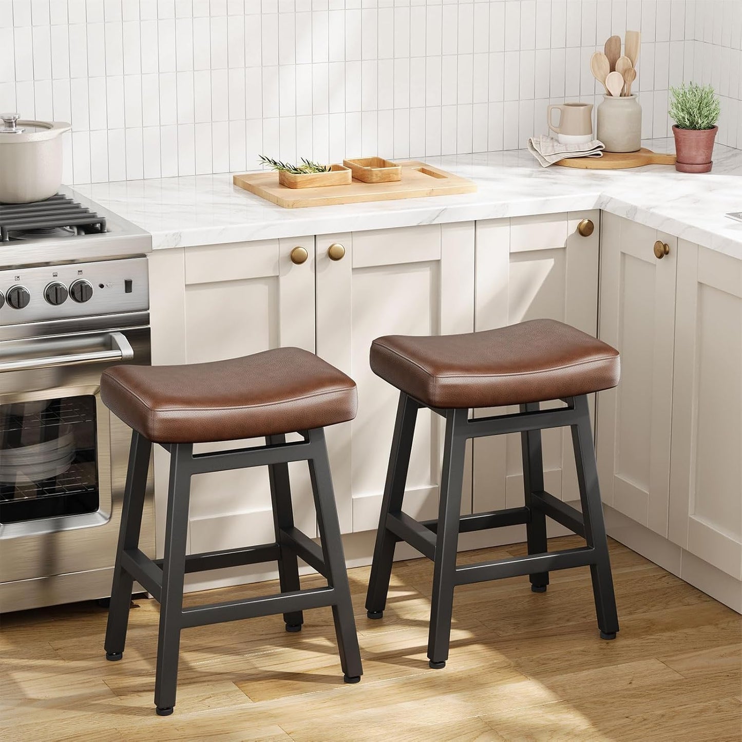 Counter Height Bar Stools Set of 2, 24 Inch Barstools for Kitchen Counter, Kitchen Stools with Bonded Leather Saddle Seats & Heavy Duty Metal Legs, Easy Assembly, All Black