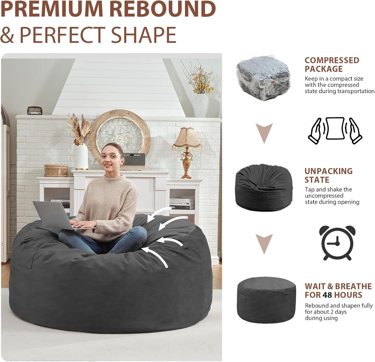 4FT Bean Bag Chair, Large Bean Bag Chairs with Memory Foam Filled, Fluffy Beanbag Sofa with Dutch Velvet Cover, Round BeanBag Chairs for Living Room, Playroom - Grey