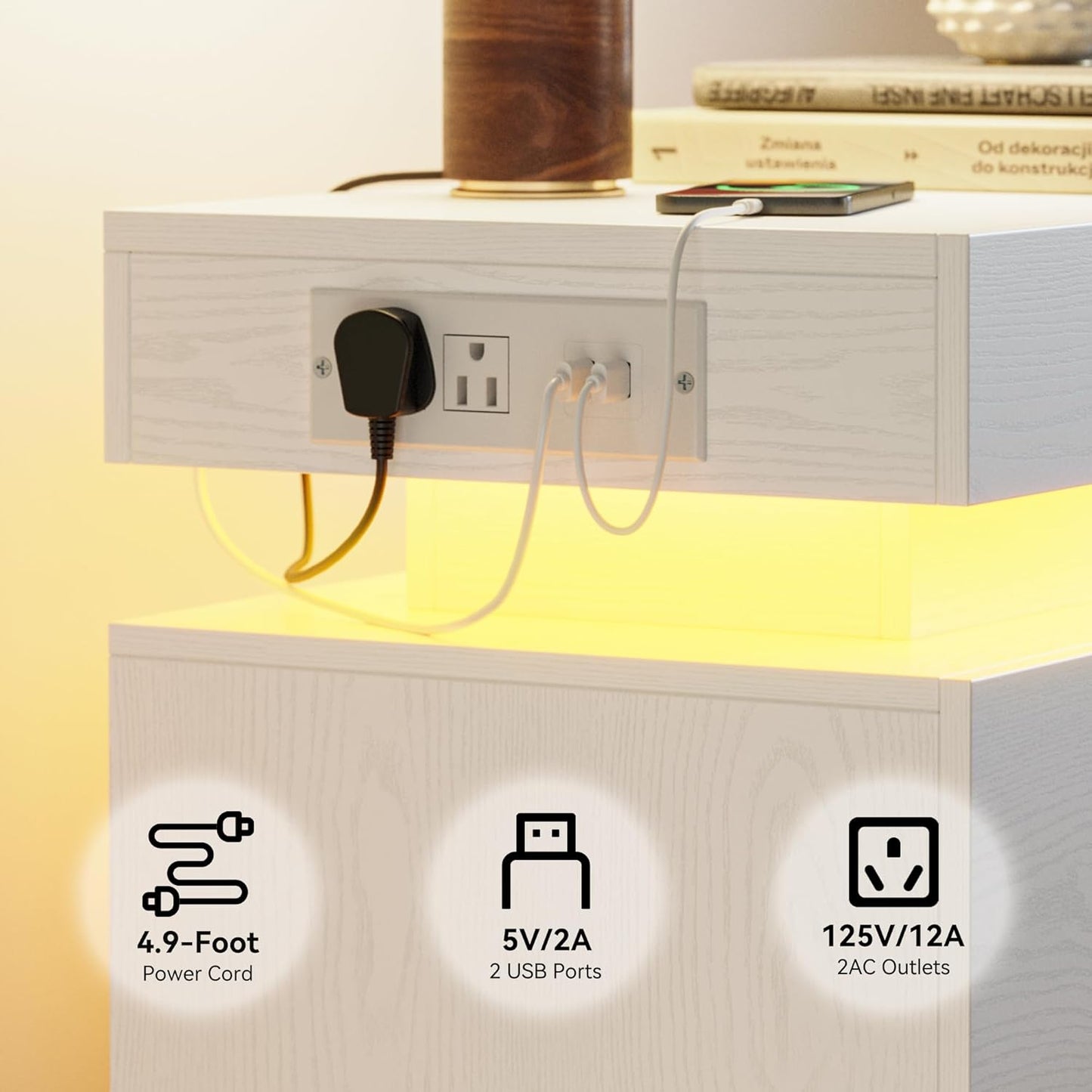 LIKIMIO Night Stand Set of 2, Modern White Nightstand with with Charging Station, Bedside Tables with LED Light and Drawers, End Table for Bedroom