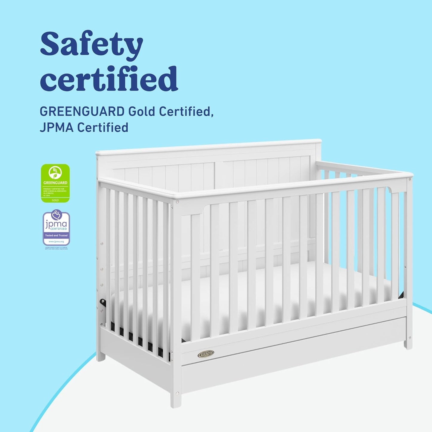 Graco Hadley 5-in-1 Convertible Crib with Drawer (White) – GREENGUARD Gold Certified, Crib with Drawer Combo, Full-Size Nursery Storage Drawer, Converts to Toddler Bed, Daybed