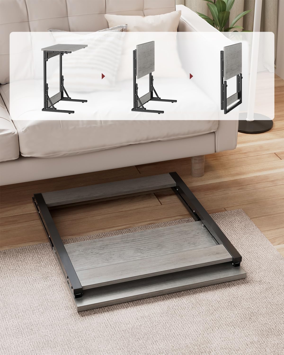 Tatub 24" Wide Folding C-Shaped End Table, Small Side Desk for Couch, Sofa TV Tray Table with Metal Frame for Living Room, Bedroom, Ivory White