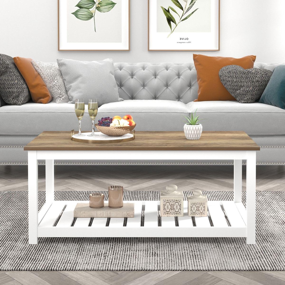 FOLUBAN Farmhouse Coffee Table with Storage Shelf, Rustic Vintage Wood Cocktail Table for Living Room, White