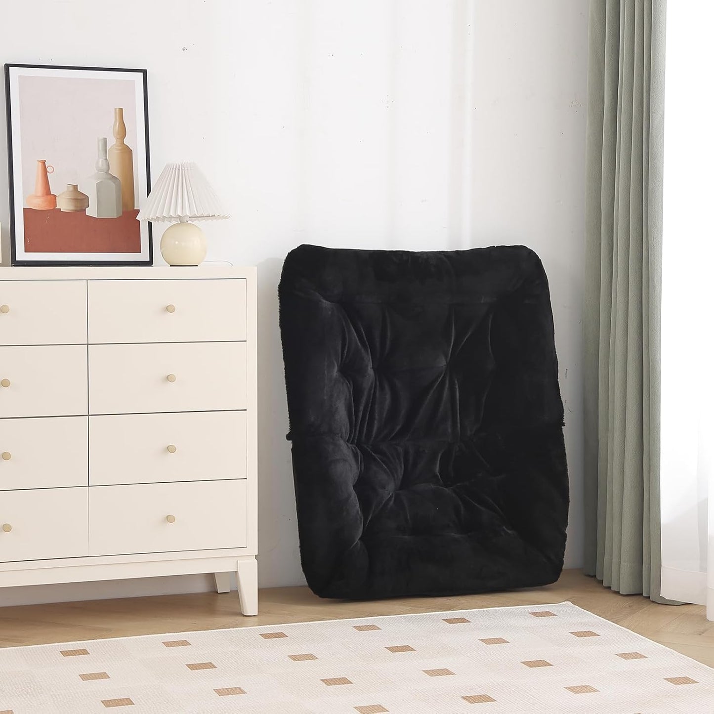 Saucer Chair, Comfy Bedroom Chairs, Oversized Folding Faux Fur Chair, Foldable Metal Frame Chair for Bedroom, Patio, Study, Playroom (Black)