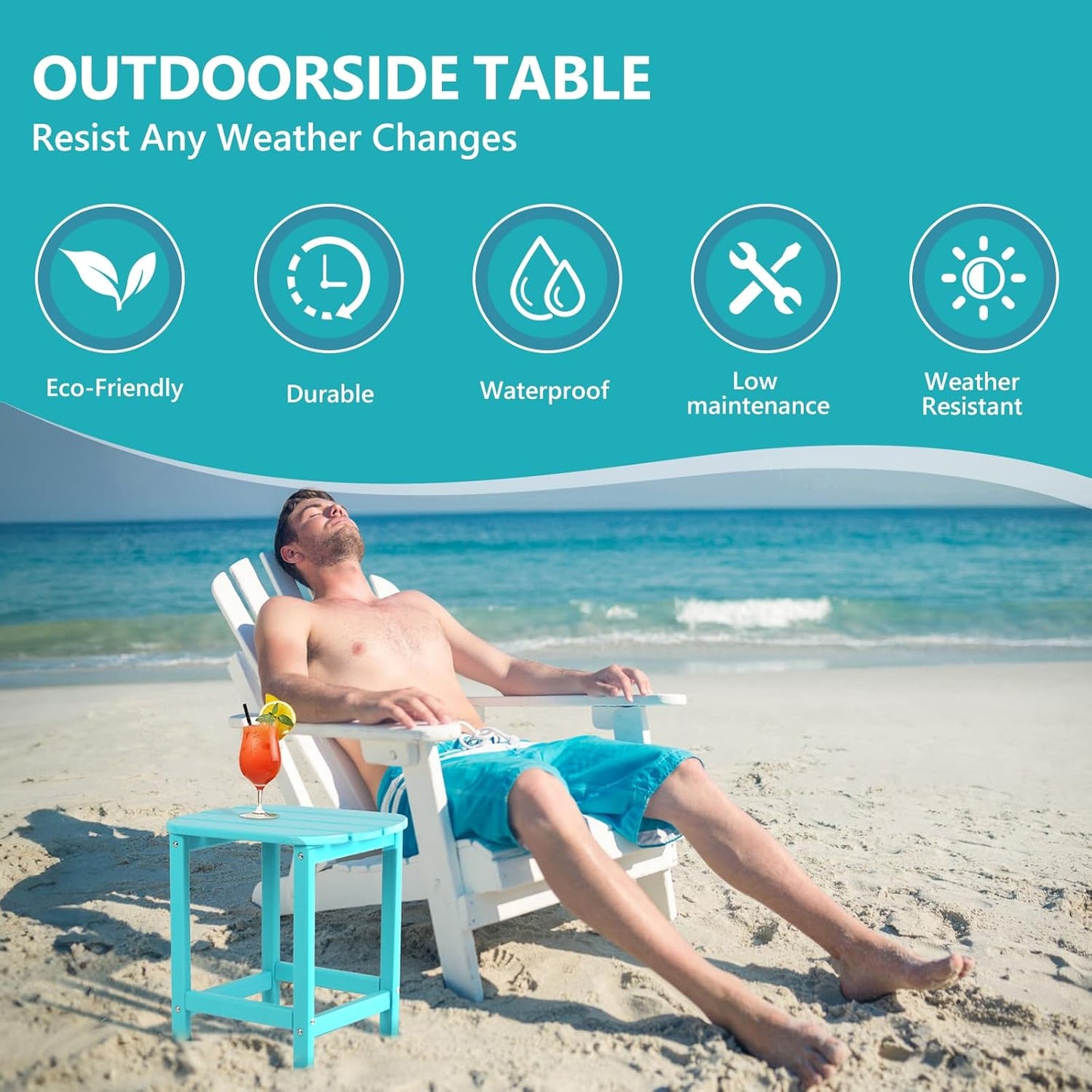 Hdpe Outdoor Adirondack Side Table, Wooden Textured, Set for Patio, Garden, Porch, Pool Composite Patio, Backyard, Bathroom and Indoor, Maintenance & Weather Resistant(Aruba Blue)