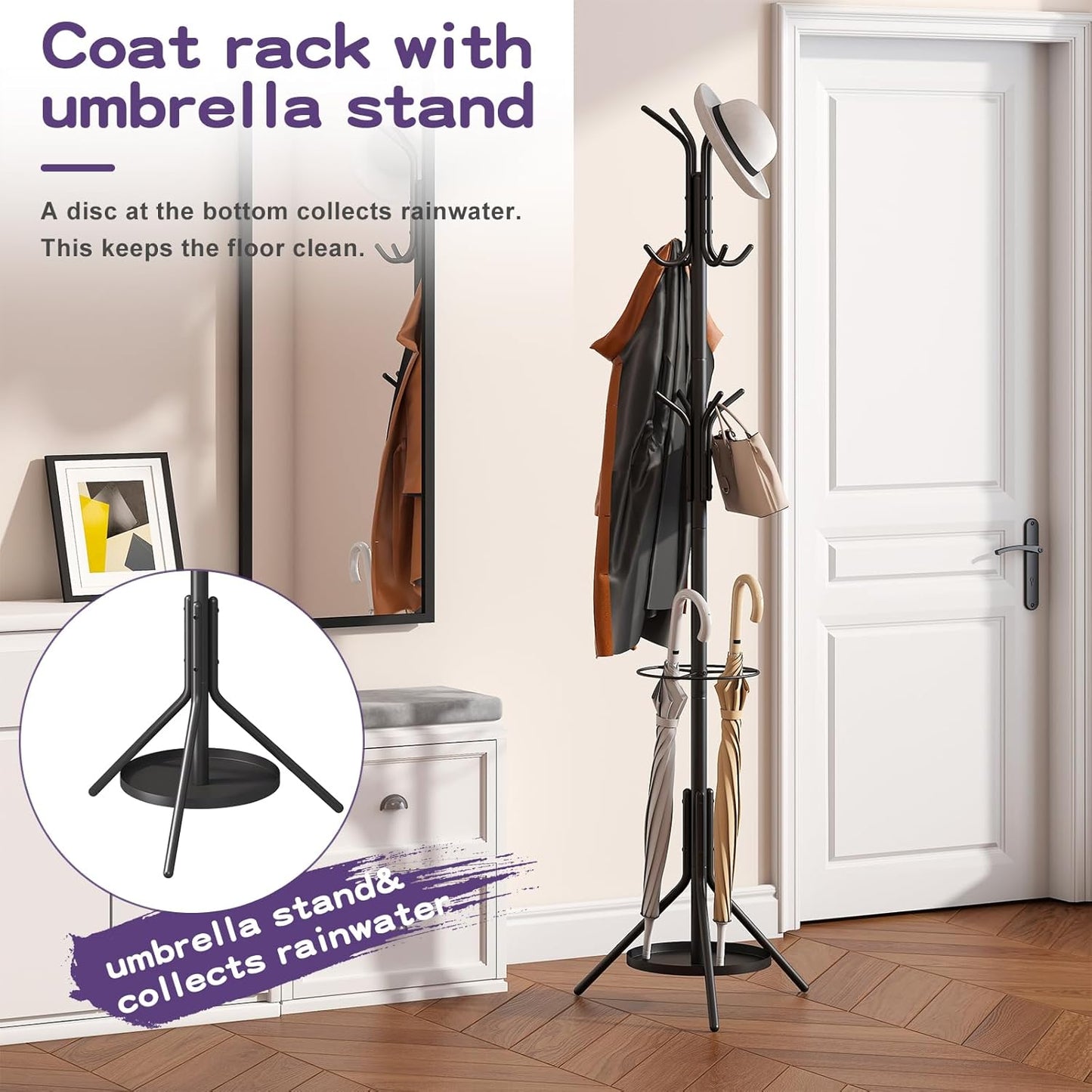 Coat Rack Freestanding,Entryway Hanger Stand,Umbrella Holder,Hall Tree With 12 Hooks, Floor Standing Metal Tree Stand,Black