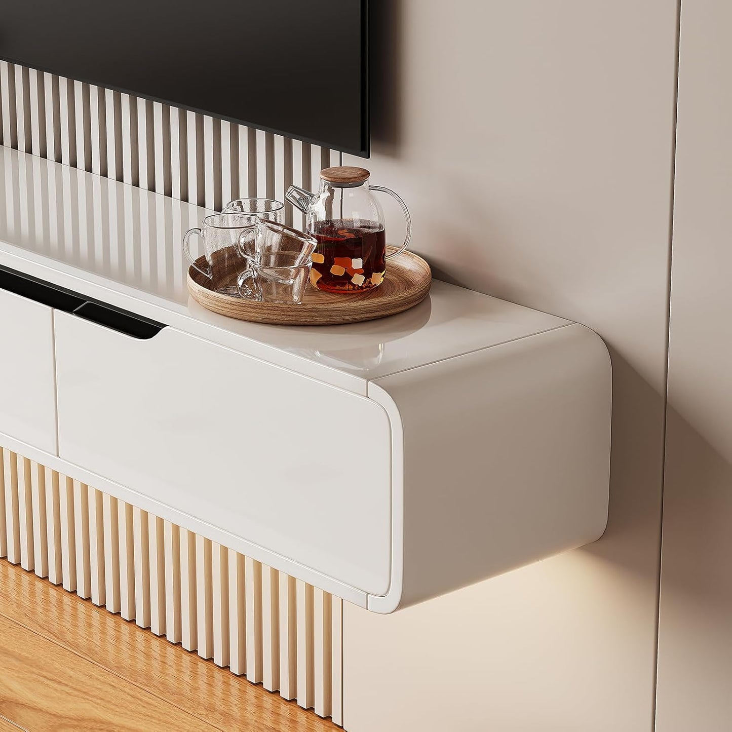 High Gloss Floating TV Stand with 3 Doors,86'' Wall Mounted TV Cabinet,Under TV Console,Floating Media Shelft for Bedroom Living Room(White)