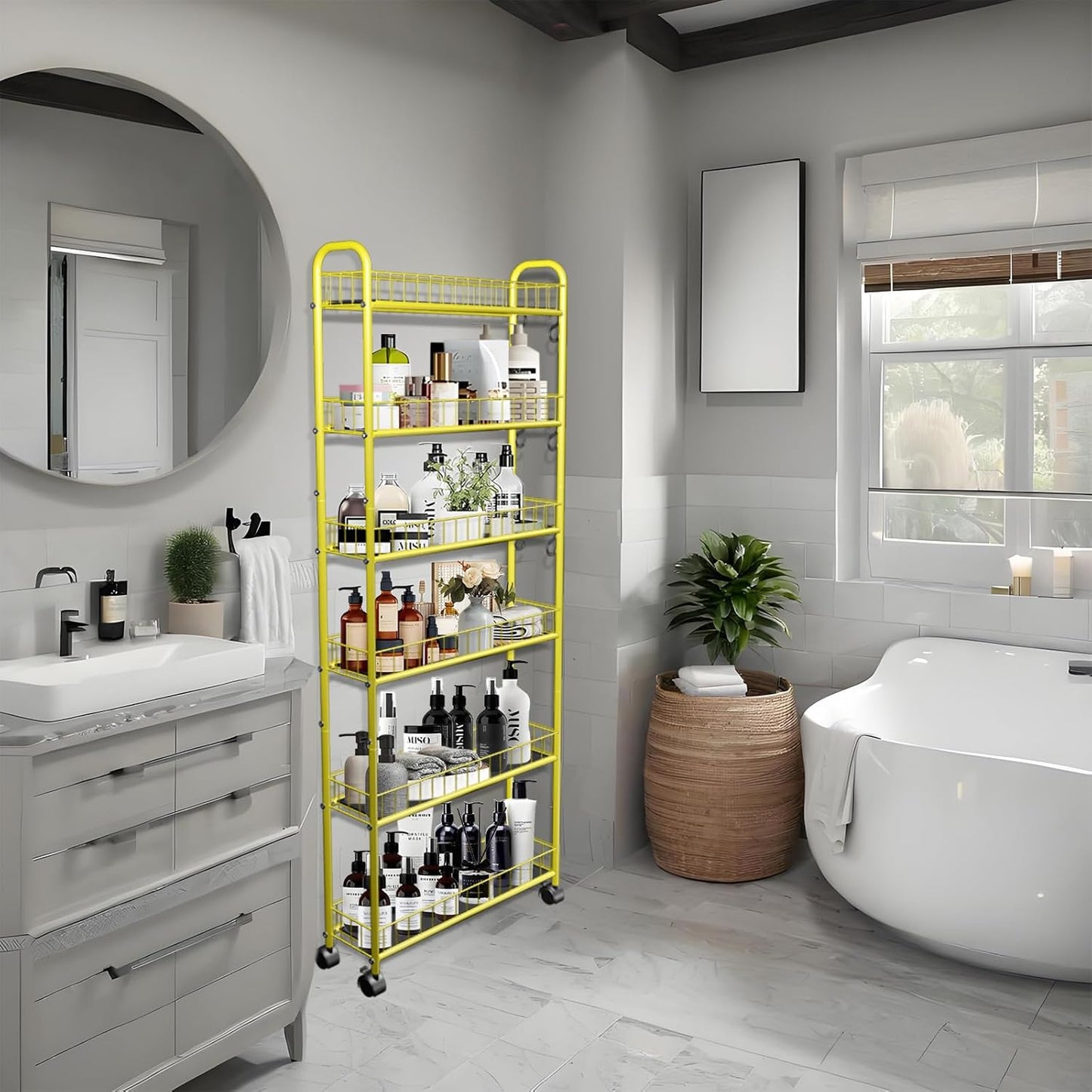 6-Tier Slim Storage Cart with Wheels,6in Narrow Rolling Shelf,Sturdy Slim Storage Ideal for Kitchen, Bathroom, and Laundry Room, Yellow