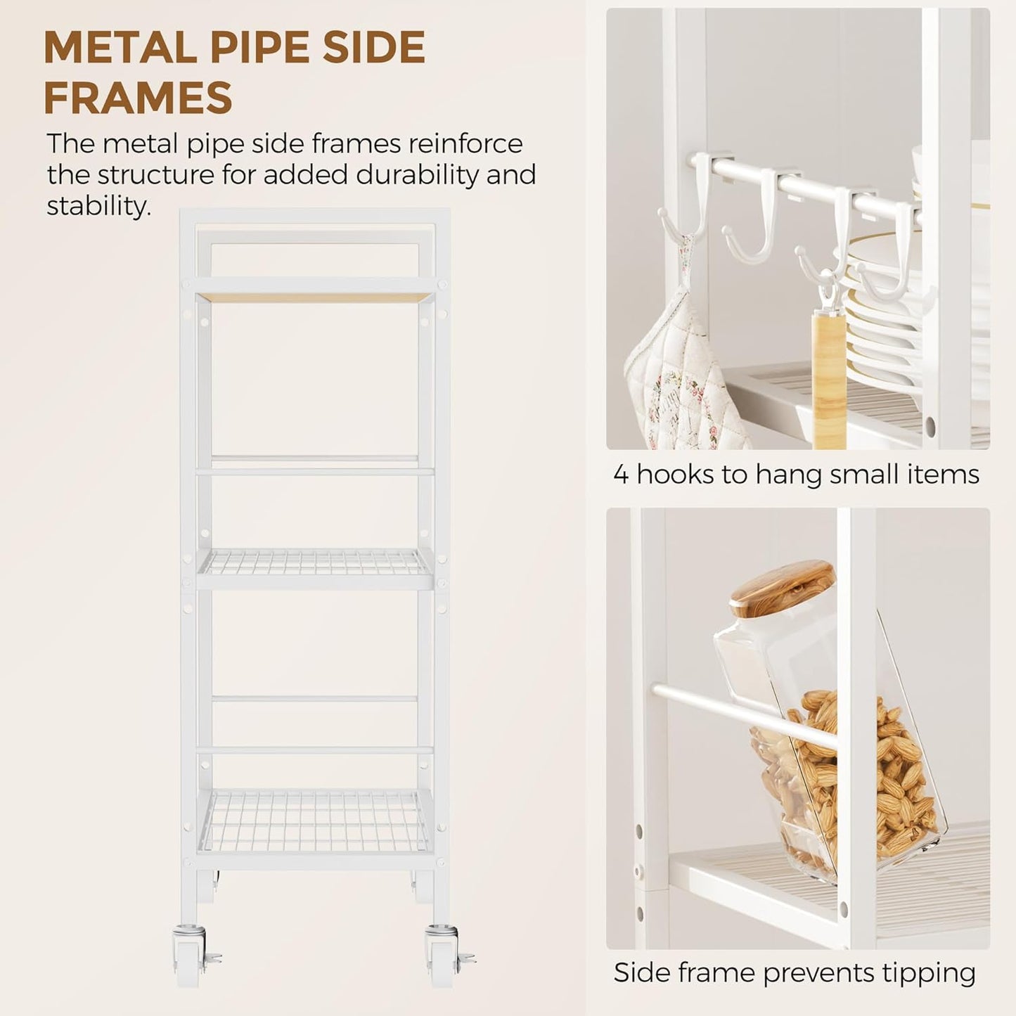 3-Tier Metal Storage Rack with Industrial Wheels,Mesh Shelving Unit with Wooden Table top,Adjustable Shelf,31.5-Inch Width, for Kitchen, Laundry,Pantry,Plant,Oak panel and white frame