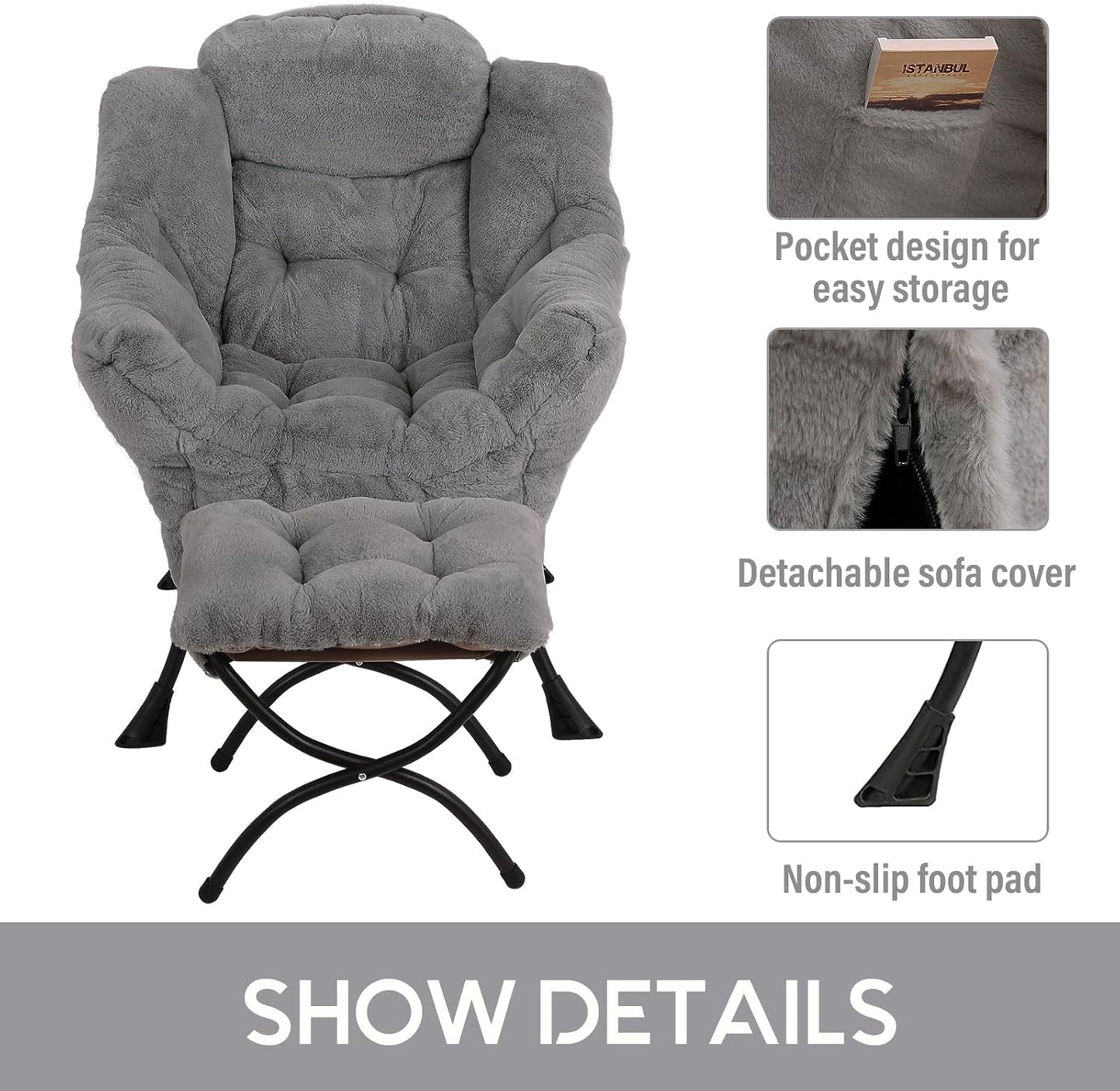 LITA Lazy Chair with Ottoman, Modern Accent Leisure Upholstered Sofa, Contemporary Lounge Reading Chair with Armrests and a Side Pocket for Living Room, Bedroom & Small Space, Plush Grey