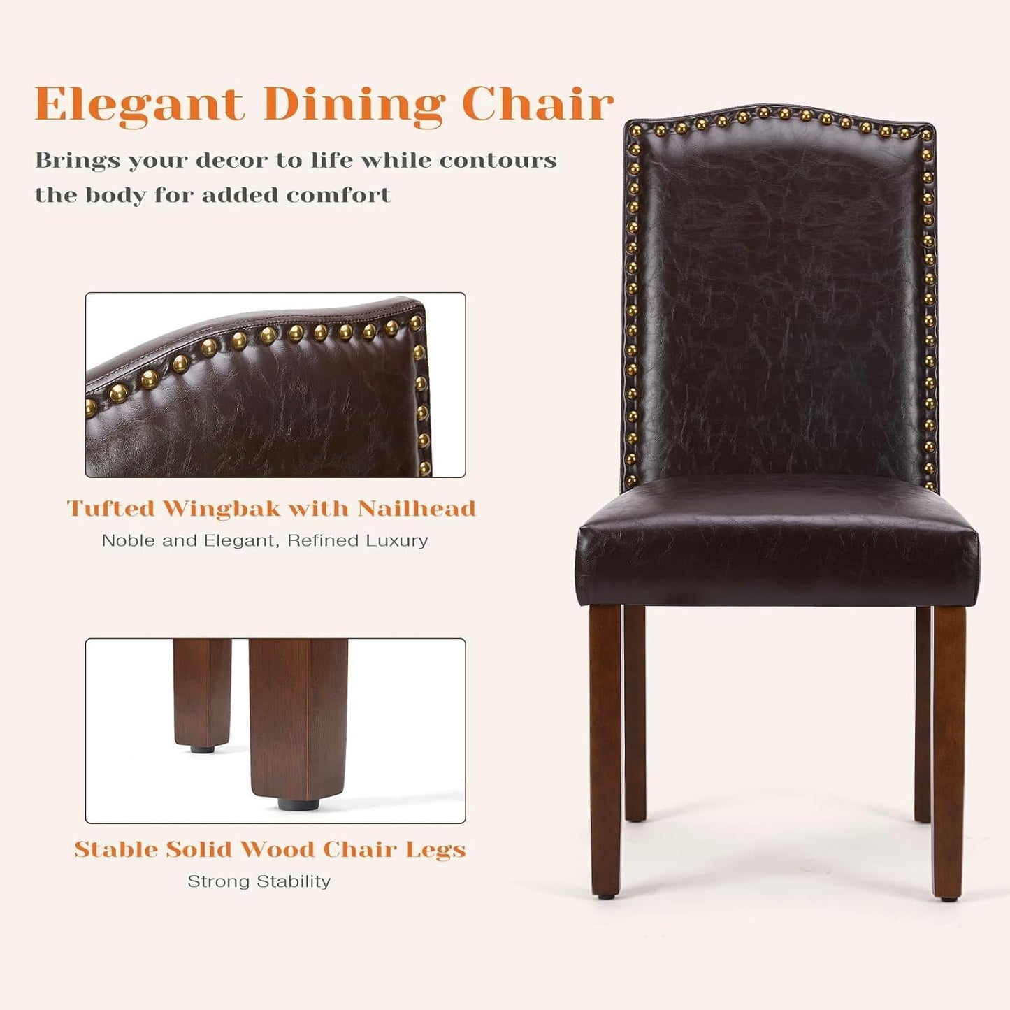 Kitchen Chairs Set of 4 Modern Upholstered Fabric Seat with Nailhead Trim and Ergonomic Lumbar Support for Living Room and Rustic Farmhouse Dining Area, Dark Brown