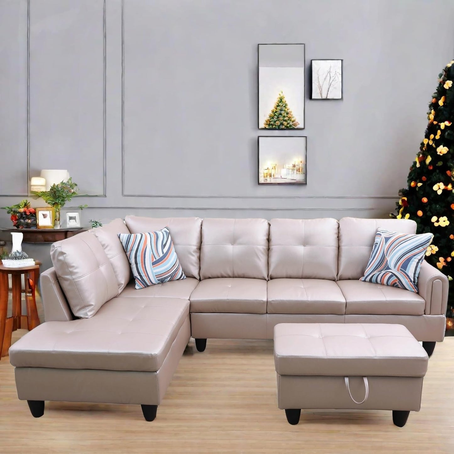 L Shaped Sectional Couch with Otttoman, 97" Leather Sectional Sofa for Living Room Modular Couches with Cup Holders for Bedroom, Apartments, Latte