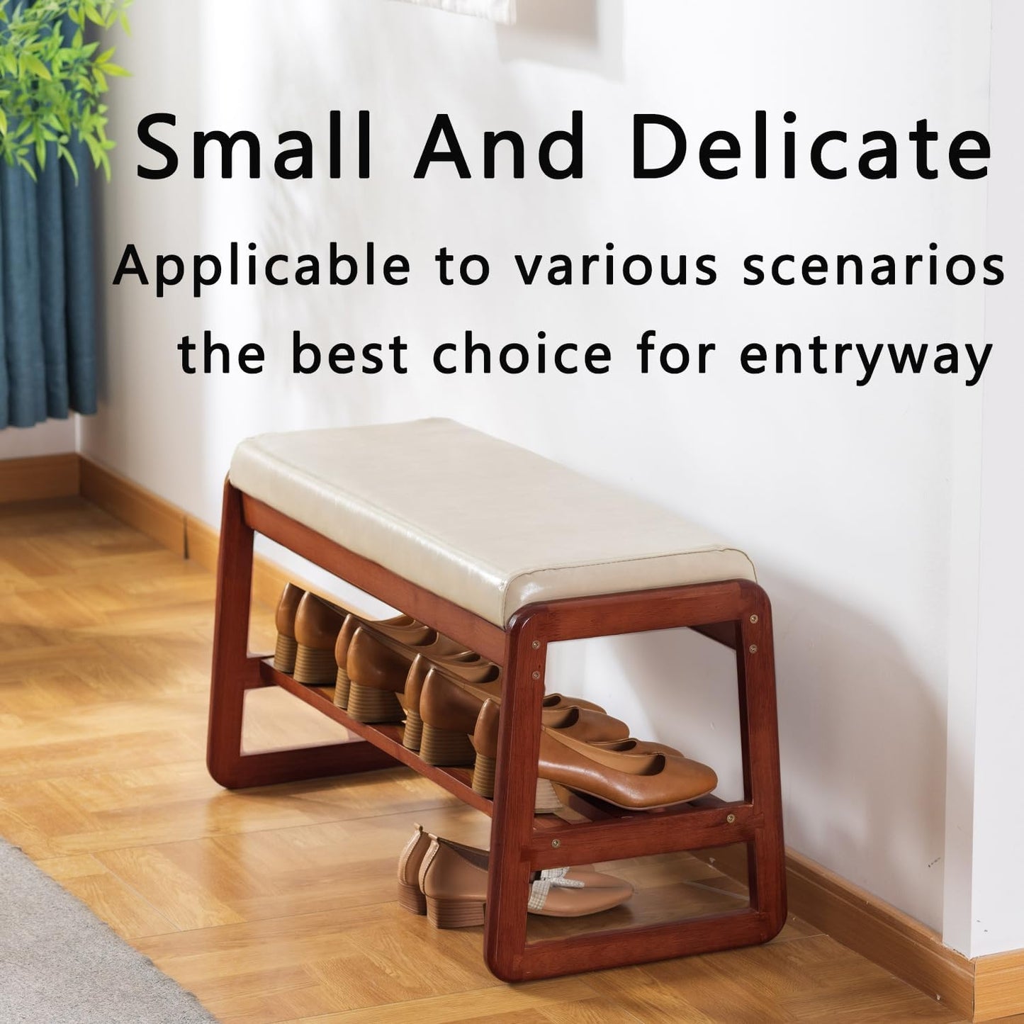 latifolia Solid Wood Bench, Entryway Shoe Bench with Cushion, 2 Tier Shoe Storage Organizer for Hallway, Living Room(Grey,31.50''L)